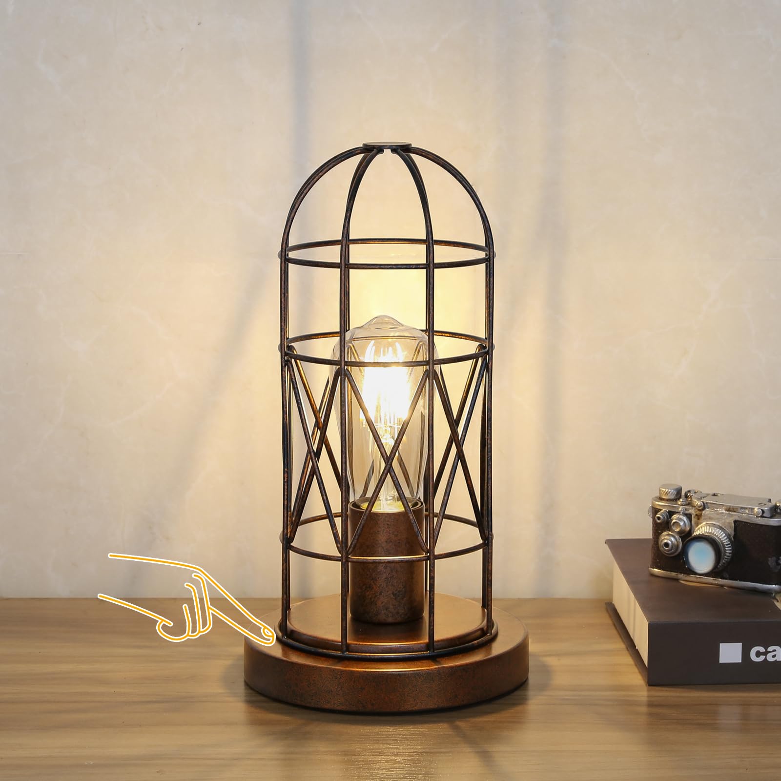 Industrial Antique Bronze Cage Table Lamp, 3-Way Dimmable for Bedroom & Living Room, LED Bulb Included