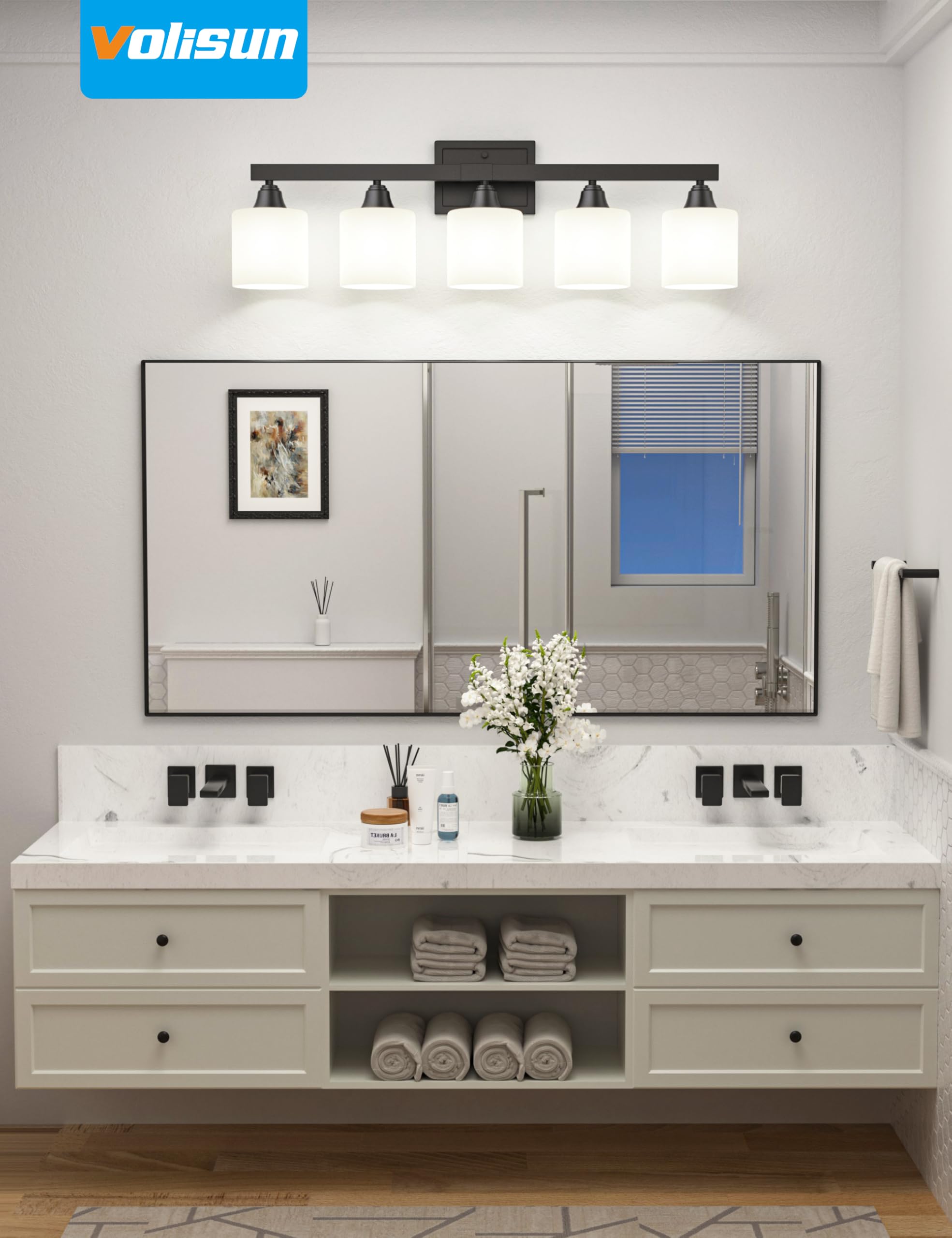 VOLISUN 5-Light Bathroom Vanity Light Fixture, Matte Black Metal with Frosted Glass Shades, Model SW016W
