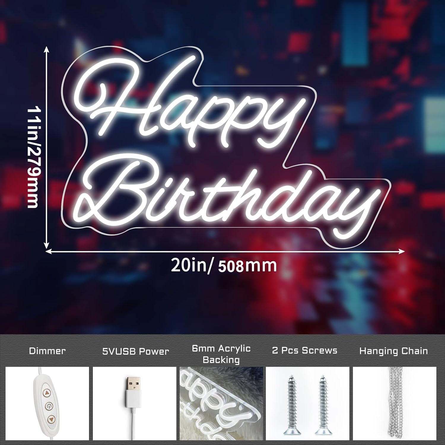 Neonawall Happy Birthday LED Sign 20 Inch Dimmable Acrylic Wall Decor White Z-HB01-White-20
