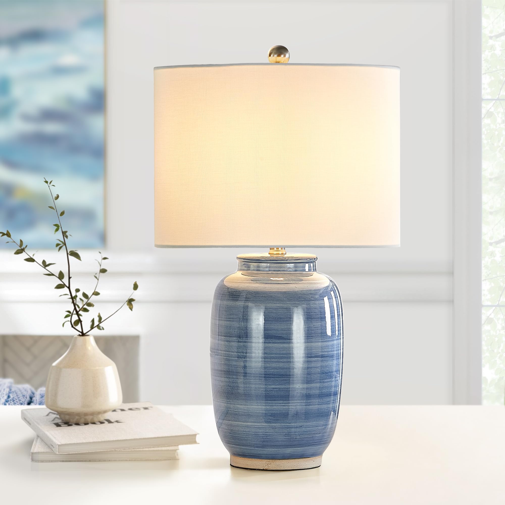 Maxax 25 Blue Table Lamp for Living Room, Modern Ceramic Lamp with White Shade, Coastal Blue Bedside Nightstand Lamp for Bedroom