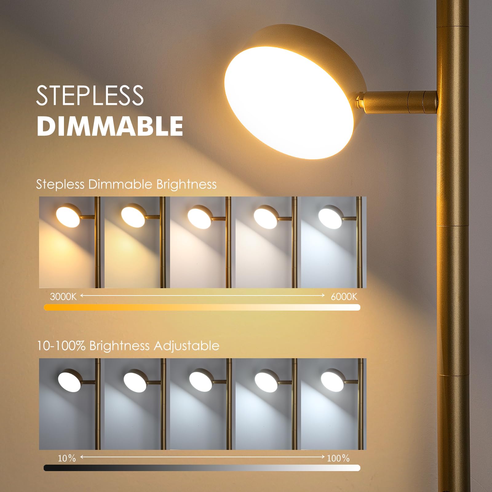JUNNAI Gold Floor Lamp - Modern LED Tree Lamp with Remote, Dimmable, 4 Color Temperatures, 3 Adjustable Lights for Living Room, Bedroom, Office