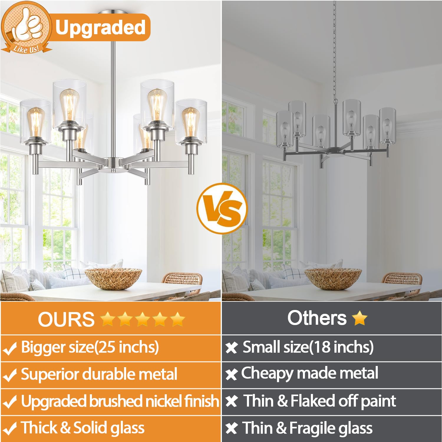 6 Light Farmhouse Chandelier For Dining Room Light Fixtures Over Table,Pendant Light Fixture With Clear Glass Shade For Living R