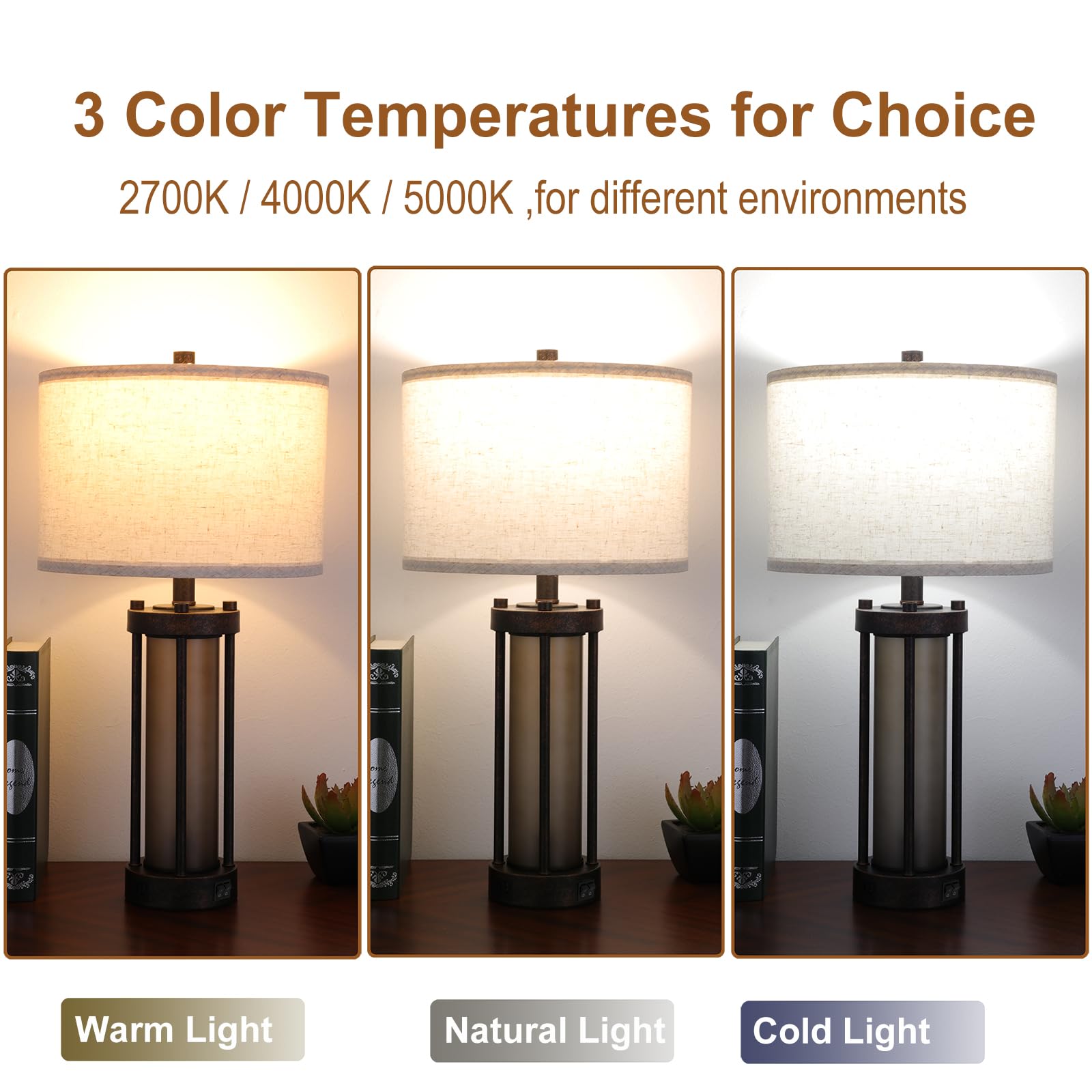 Farmhouse Table Lamps Set Of 2, Table Lamp For Living Room With 2 Usb Ports, Vintage Rustic Nightstand Lamps With Amber Glass Nightlight, Retro Desk Lamps For Bedroom Entryway, Included Bulbs.