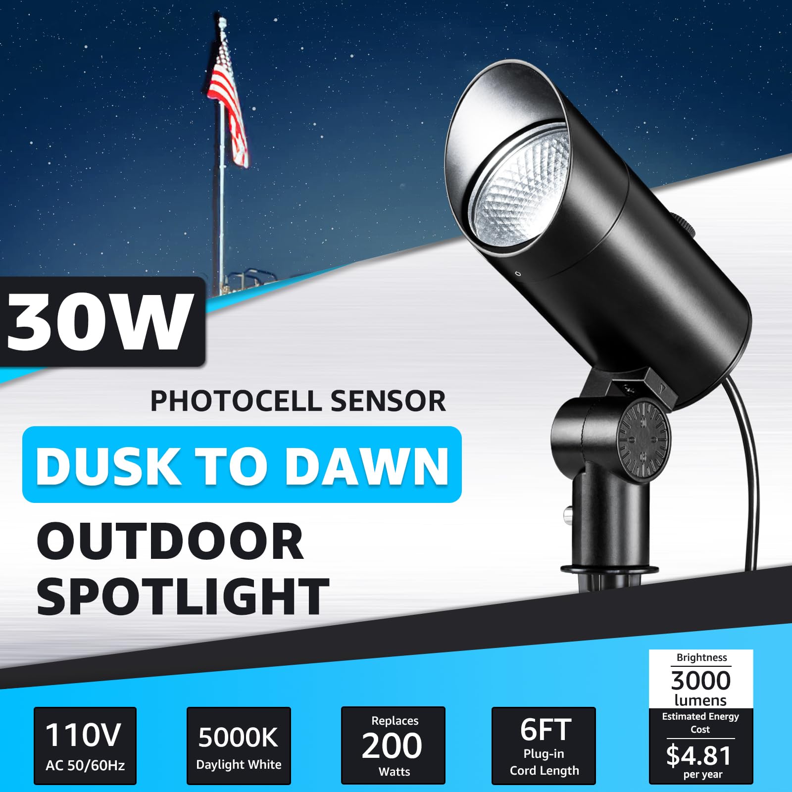 Sunvie 30W Spot Lights Outdoor 5000K Dusk To Dawn Flag Pole Light 120V Plug In Landscape Spotlight With Photocell Sensor Ultra B