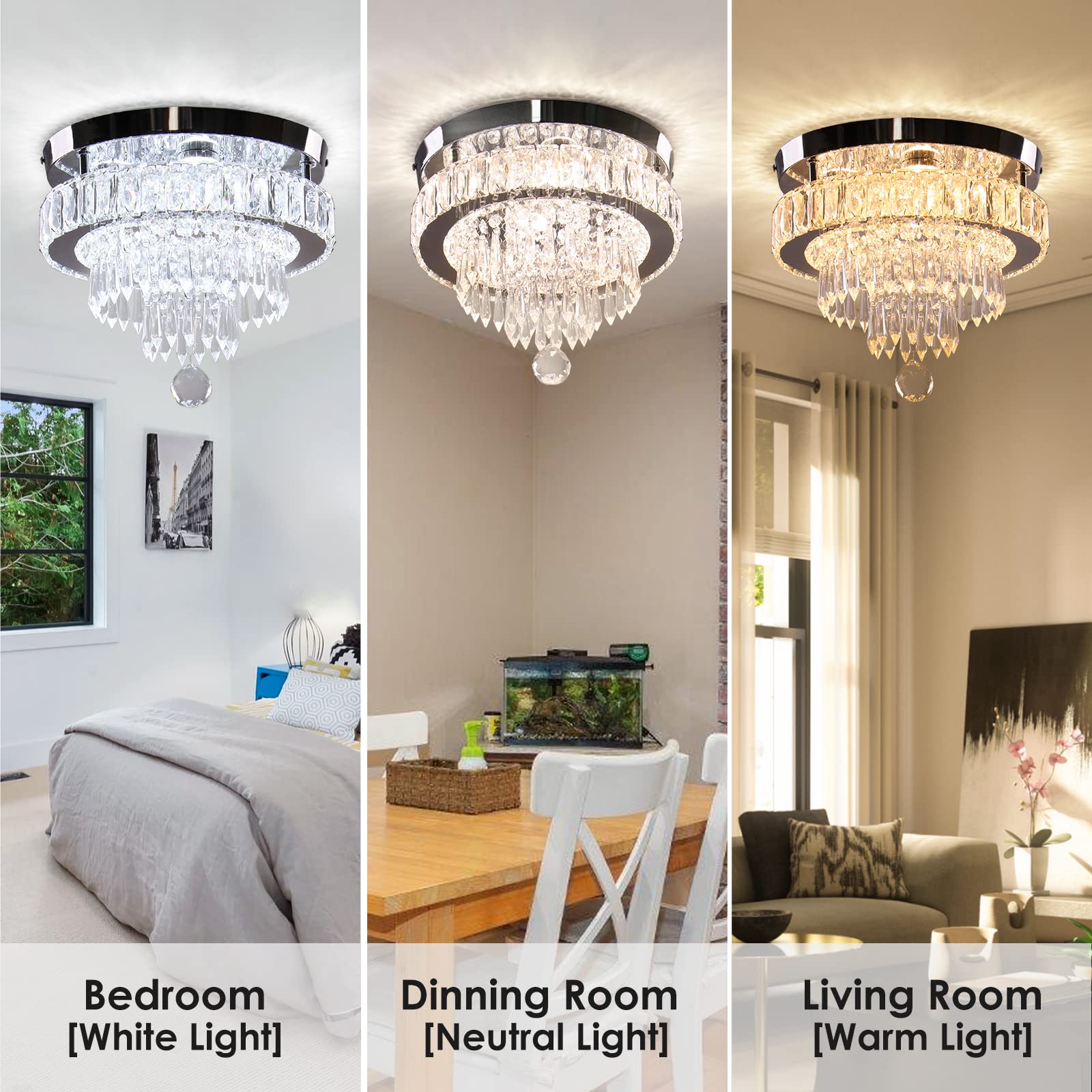 Cainjiazh Crystal Chandelier - 11.8" Dimmable Flush Mount Ceiling Light, Stainless Steel & LED, Remote Control, Ideal for Dining Room & Living Room