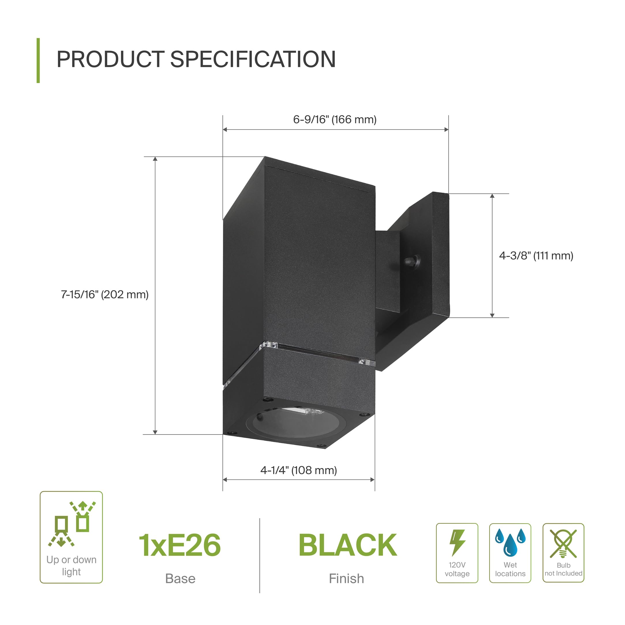 ASD 1-Way Square Wall Light Fixture, Dimmable, Waterproof, Black, 2 Pack, 60W E26 Socket, ETL Listed, Outdoor Porch Lamp