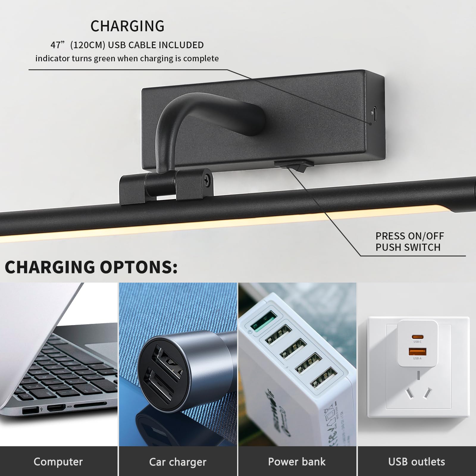 Dlcl Battery Operated Picture Light With Remote And Timer, 15.94In Wireless Gallery Light Black 3Cct Rechargeable Art Light For