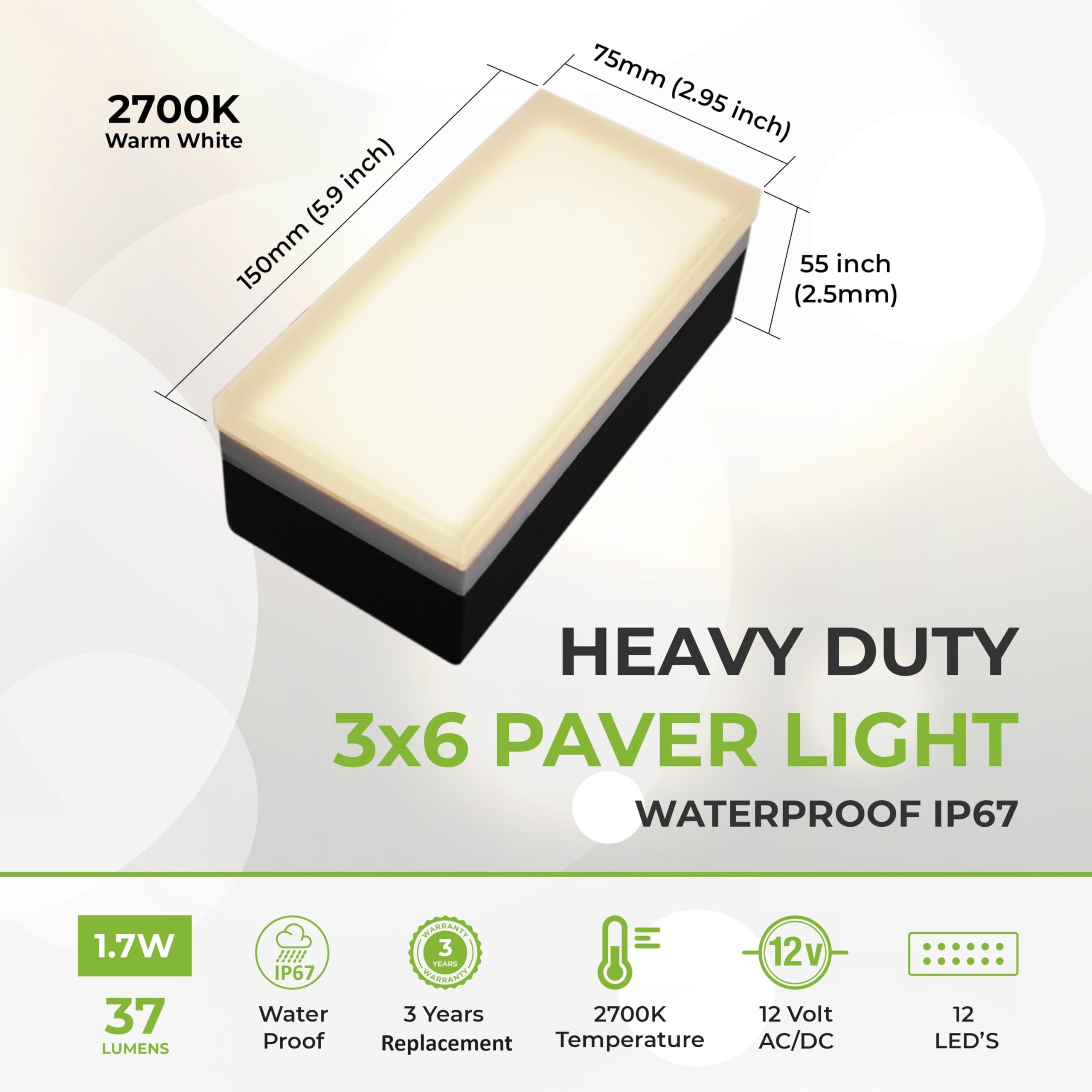 Lumengy Paver Light 3  6 Inch (2.95 X 5.9), Warm White Glare-Free Illumination For Driveways, Pathways, Pool Deck & Patios, 12V