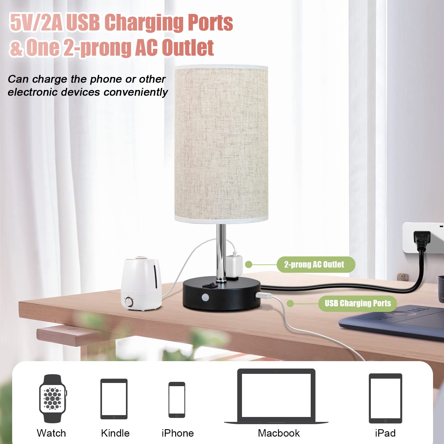 lifeholder Motion Sensor Lamp, USB Bedside Lamp with Warm White Bulb, Cream Fabric Shade, Model T39