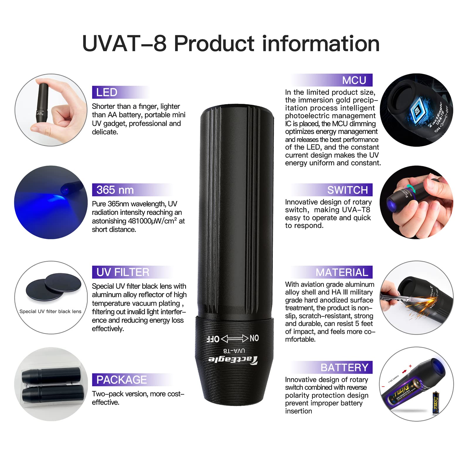 TactEagle 4Pack Mini Black Light UV Flashlight UVA-T8, Portable, Black, Aluminum, 365nm for Urine Detection & Scorpion Curing