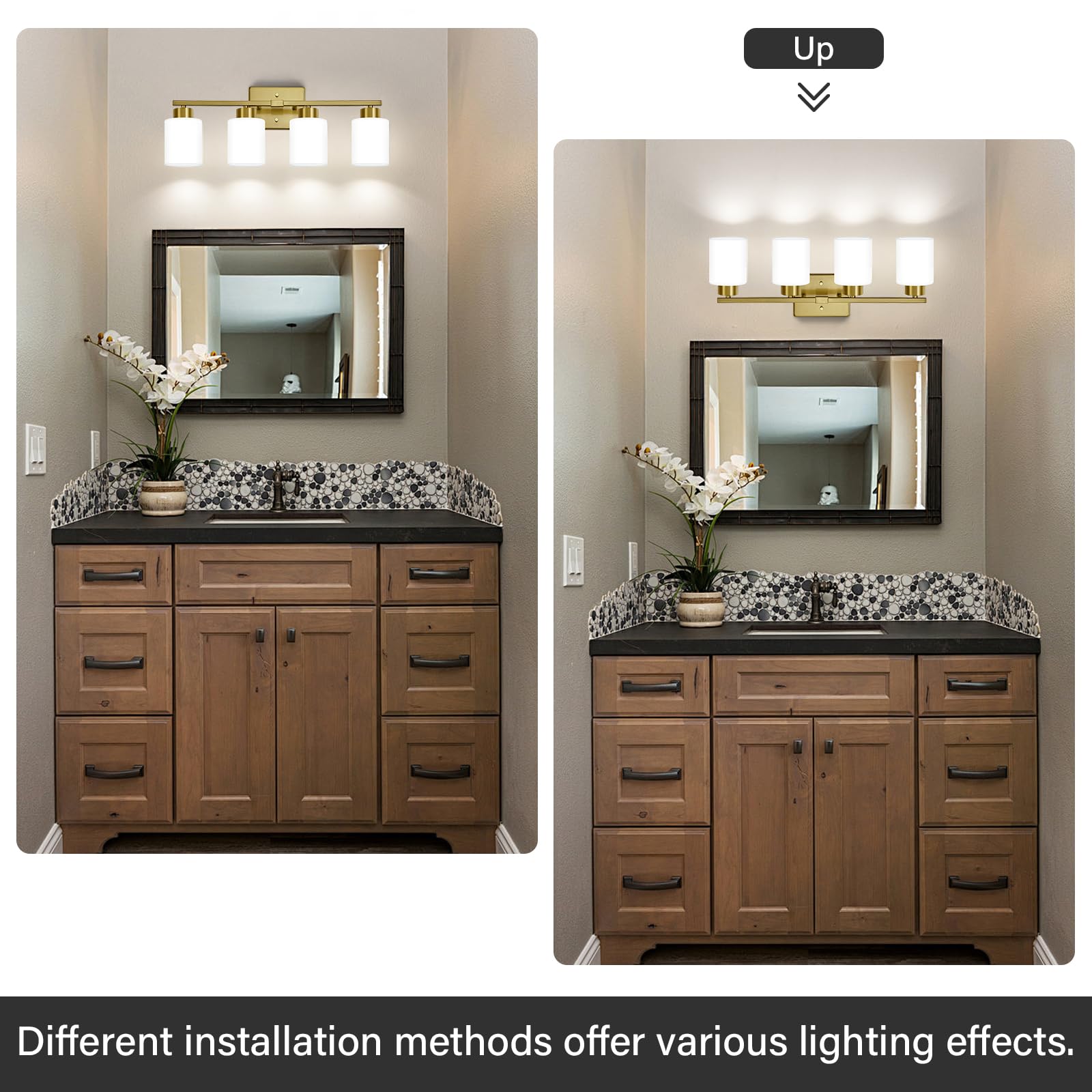FonmYim 4-Light Brushed Gold Bathroom Vanity Light Fixture, Metal with Frosted Glass Shades, Model FY-GB3105-RG4