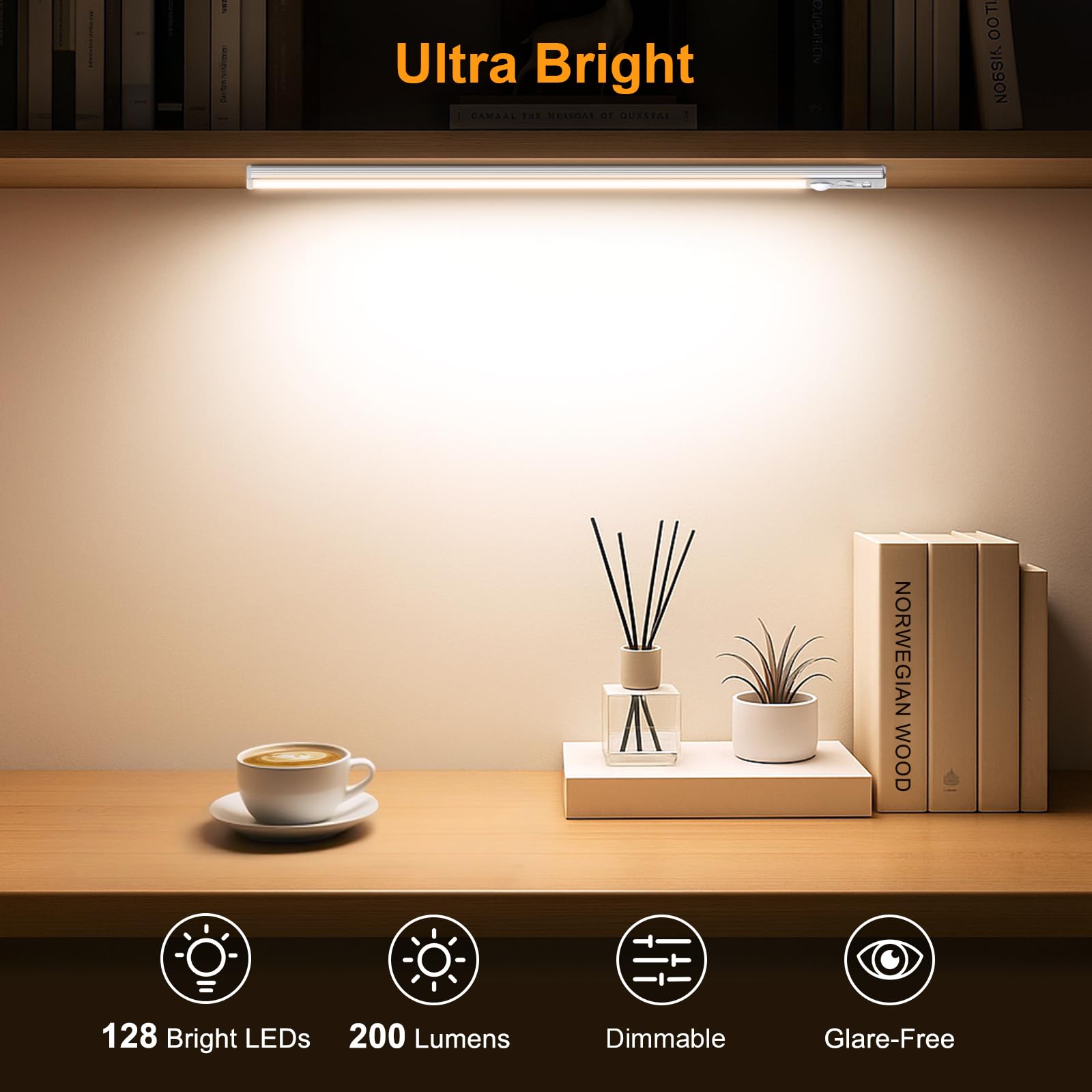 Gritin Rechargeable Under Cabinet Lighting - 14.7" Silver, 128 LED, 3-Color, 5 Brightness Levels, Motion Sensor, 2 Pack