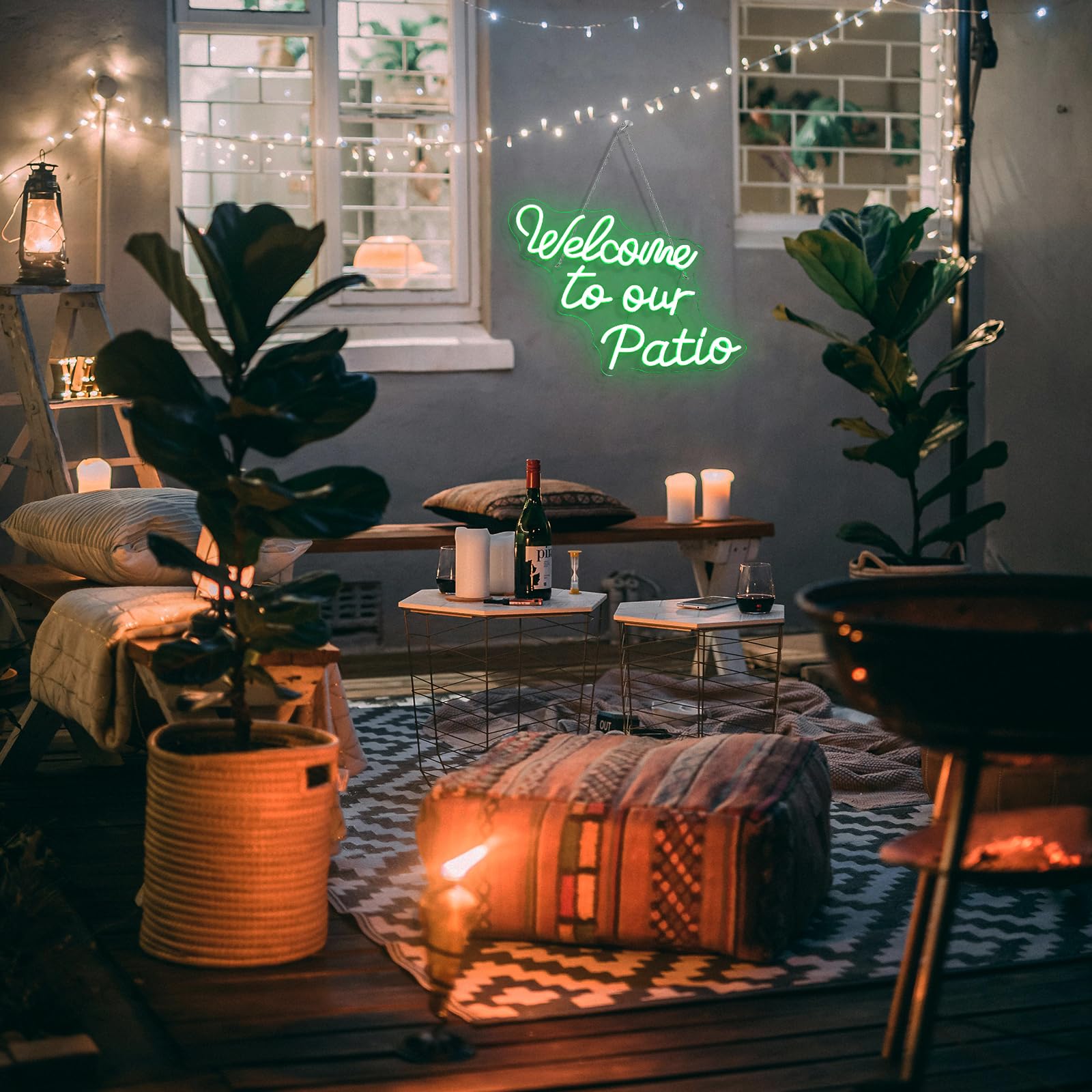 FAXFSIGN Neon Sign - Welcome To Our Patio, Green LED Light, 16.54in x 12.6in, Colorful Wall Decor for Outdoor Cafe, Garden, Party