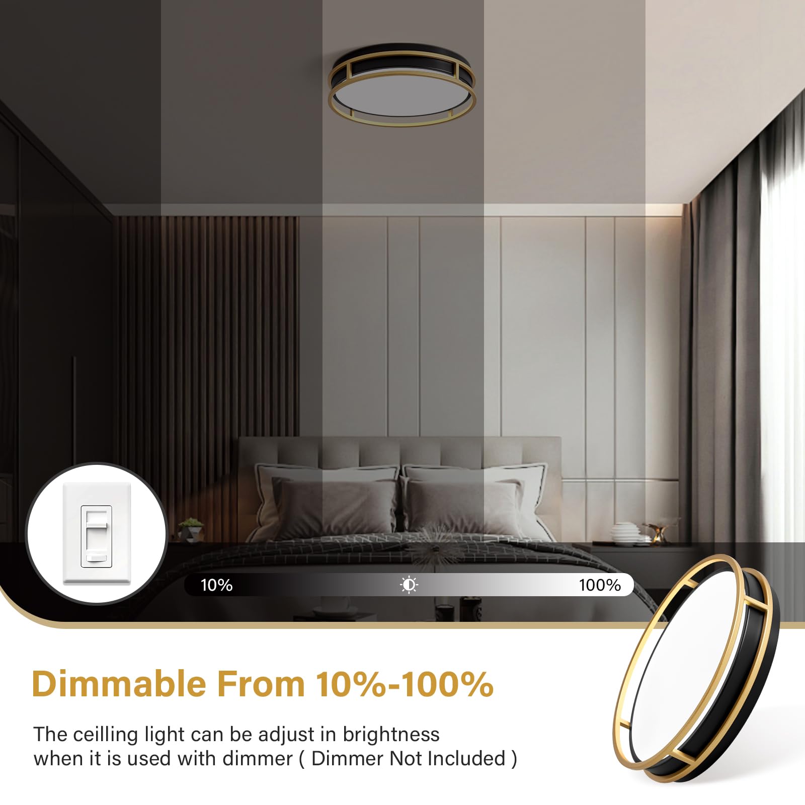 Pevfah Modern Flush Mount Ceiling Light, Dimmable LED, 12.6in, Black and Gold, Model PH240705002