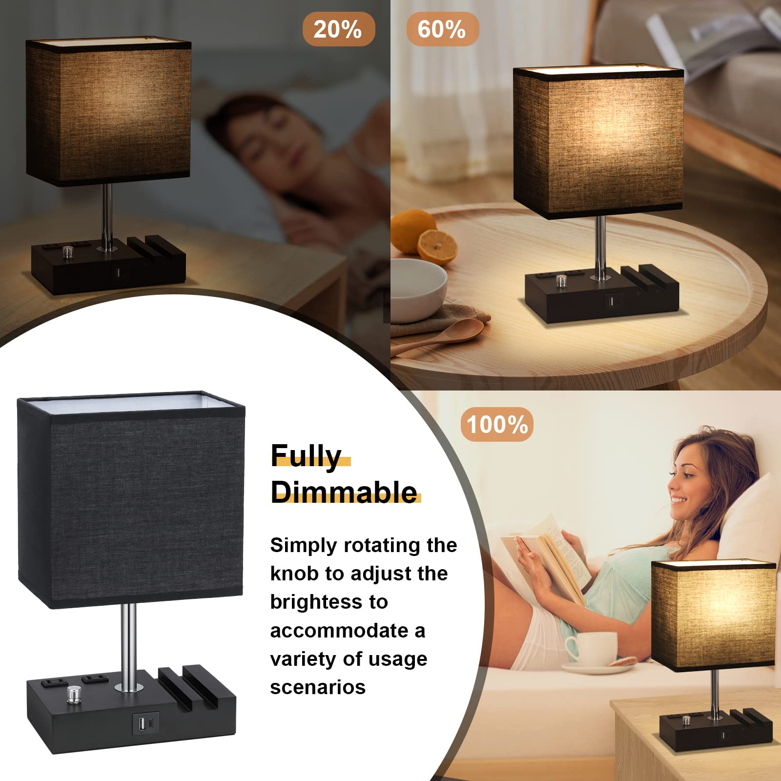 Kakanuo Bedside Lamps Set of 2, Fully Dimmable USB Table Lamps with Charging Ports, Black Lampshade for Bedroom and Living Room