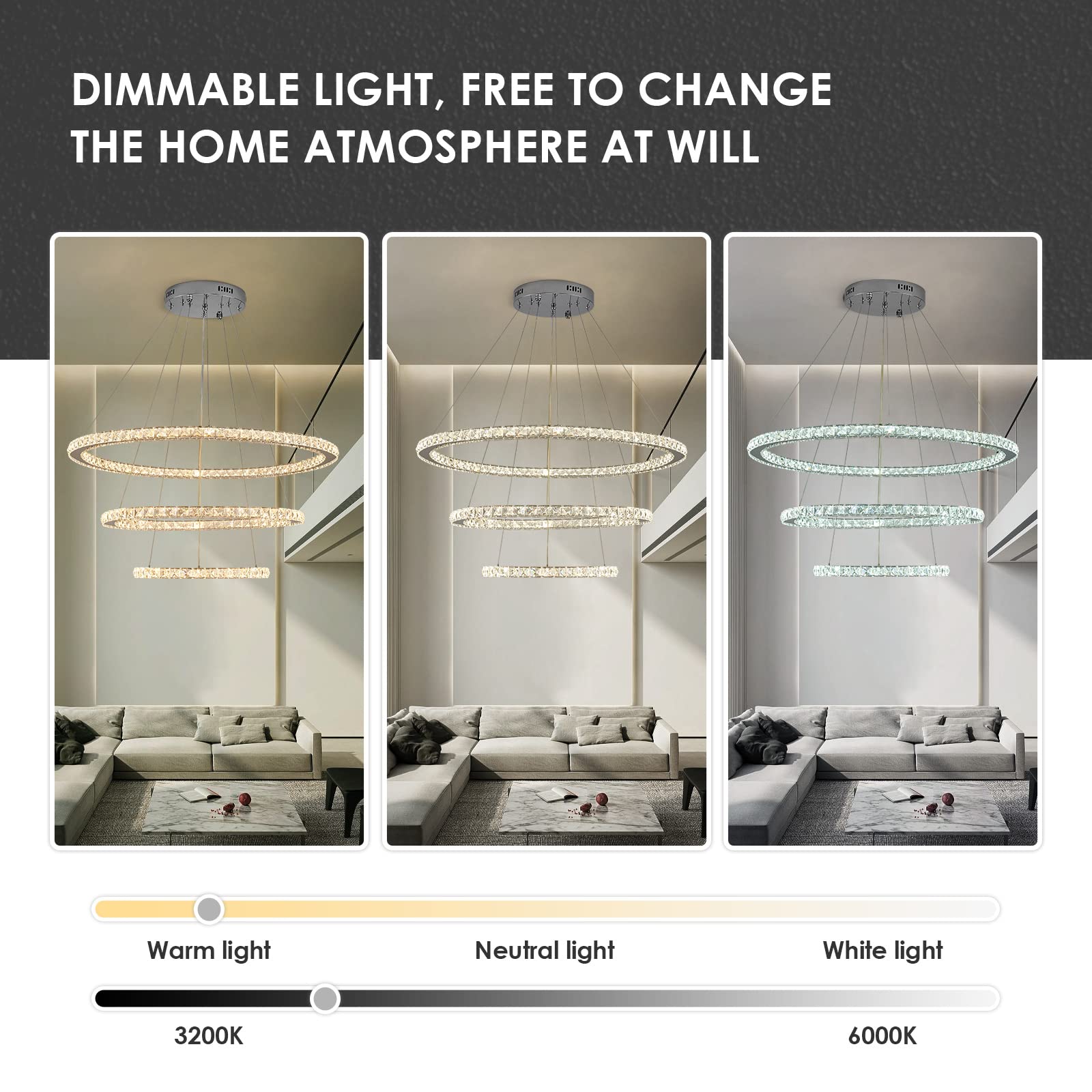 Siljoy LED Chandelier - Modern 3-Ring Ceiling Light Fixture, Adjustable, 3-Color Changing, Clear, D 12in-20in-28in, Model Siljoy102