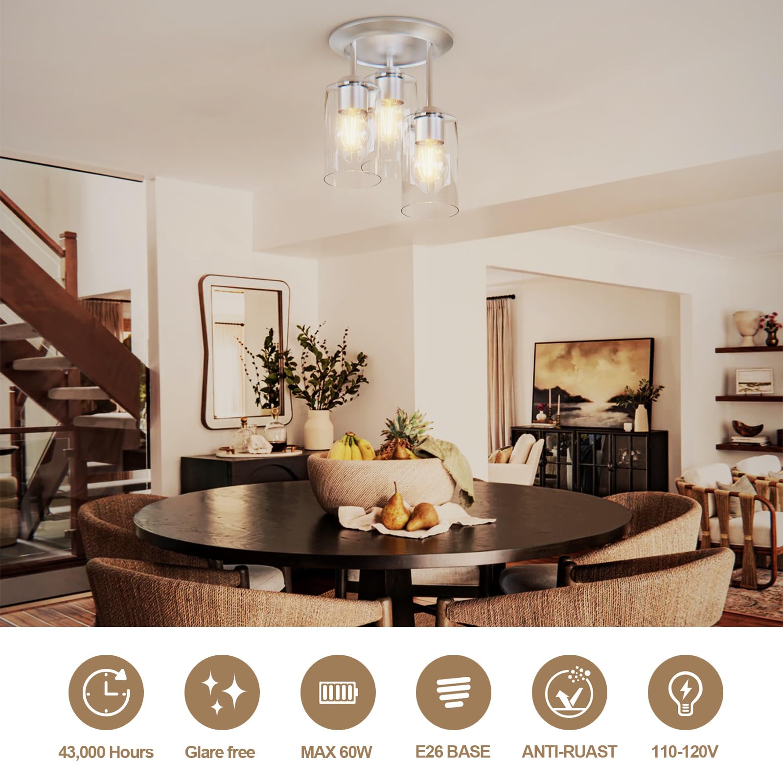 Semi Flush Mount Ceiling Light - 3-Light Ceiling Light Fixtures, Kitchen Lighting Fixtures Ceiling With Clear Glass Shades, Light Fixtures Ceiling Mount For Hallway, Foyer Entryway, Bedroom (Silvery)