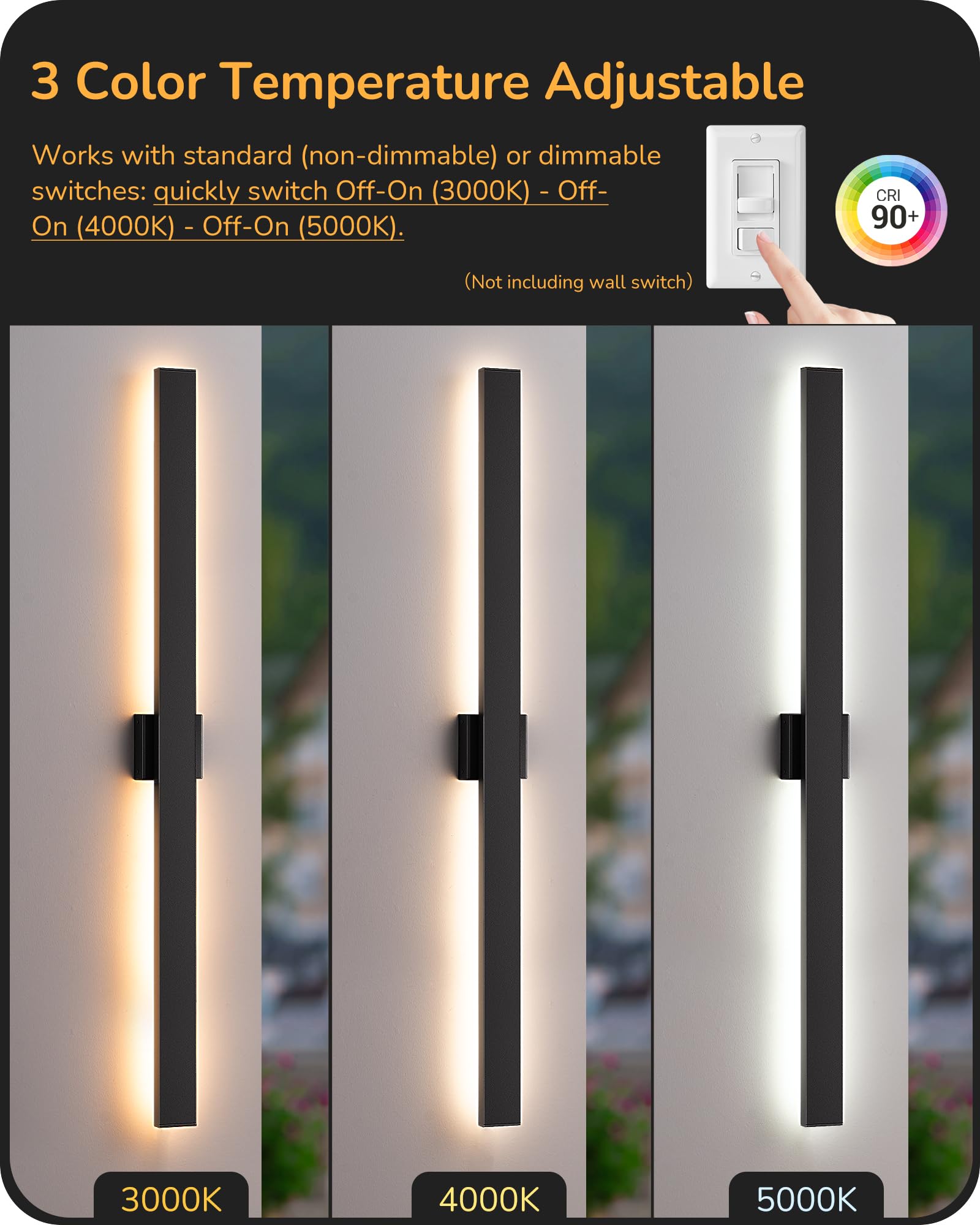 EDISHINE 47" LED Outdoor Wall Lights, IP65 Waterproof, Dimmable 10%-100%, Black, Modern Design, 2 Pack, Model BD050