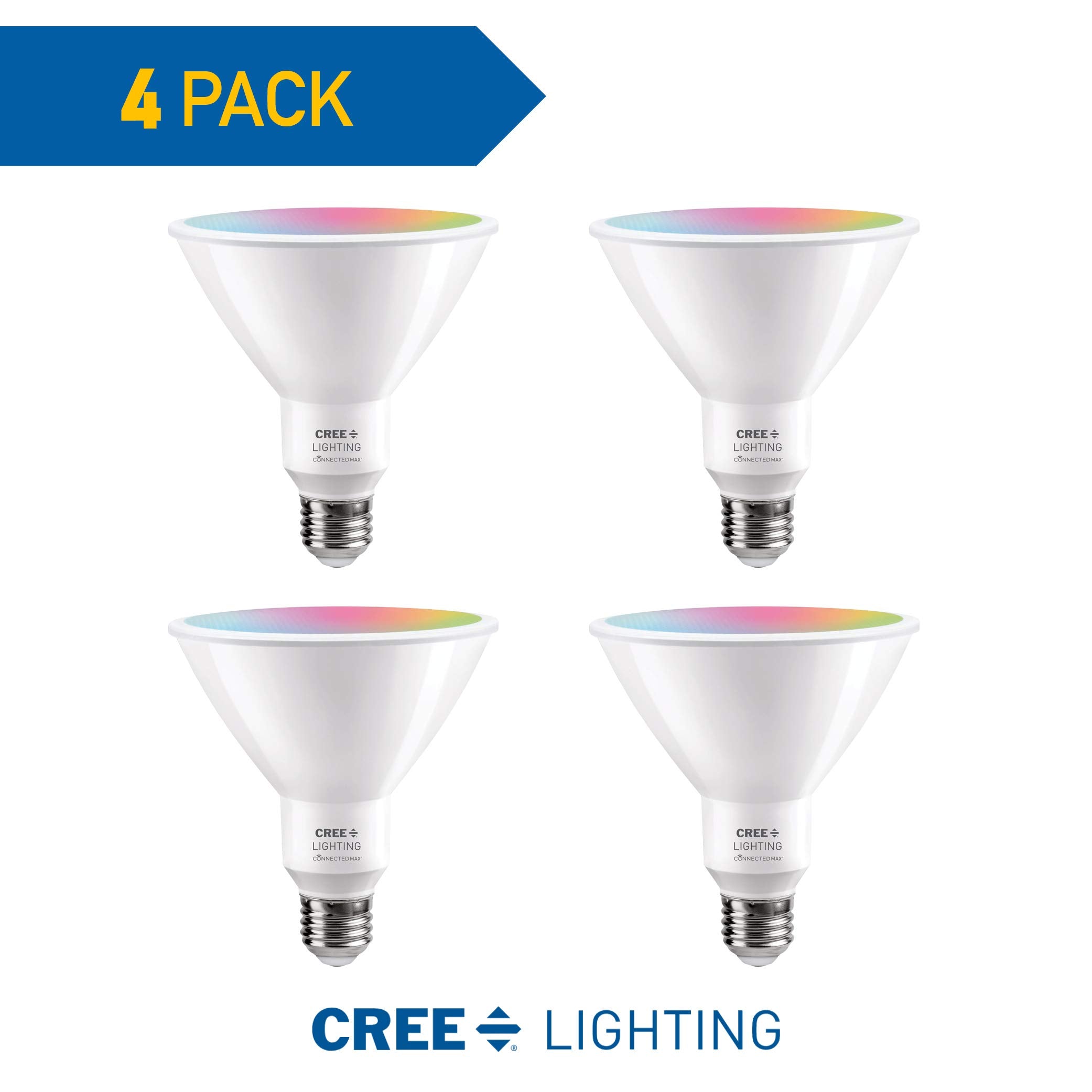 Cree Lighting Connected Max Smart LED Bulb, Tunable White + Color, Pack of 4, Model CMPAR38-120W-AL-9ACK-MP, Compatible with Alexa & Google