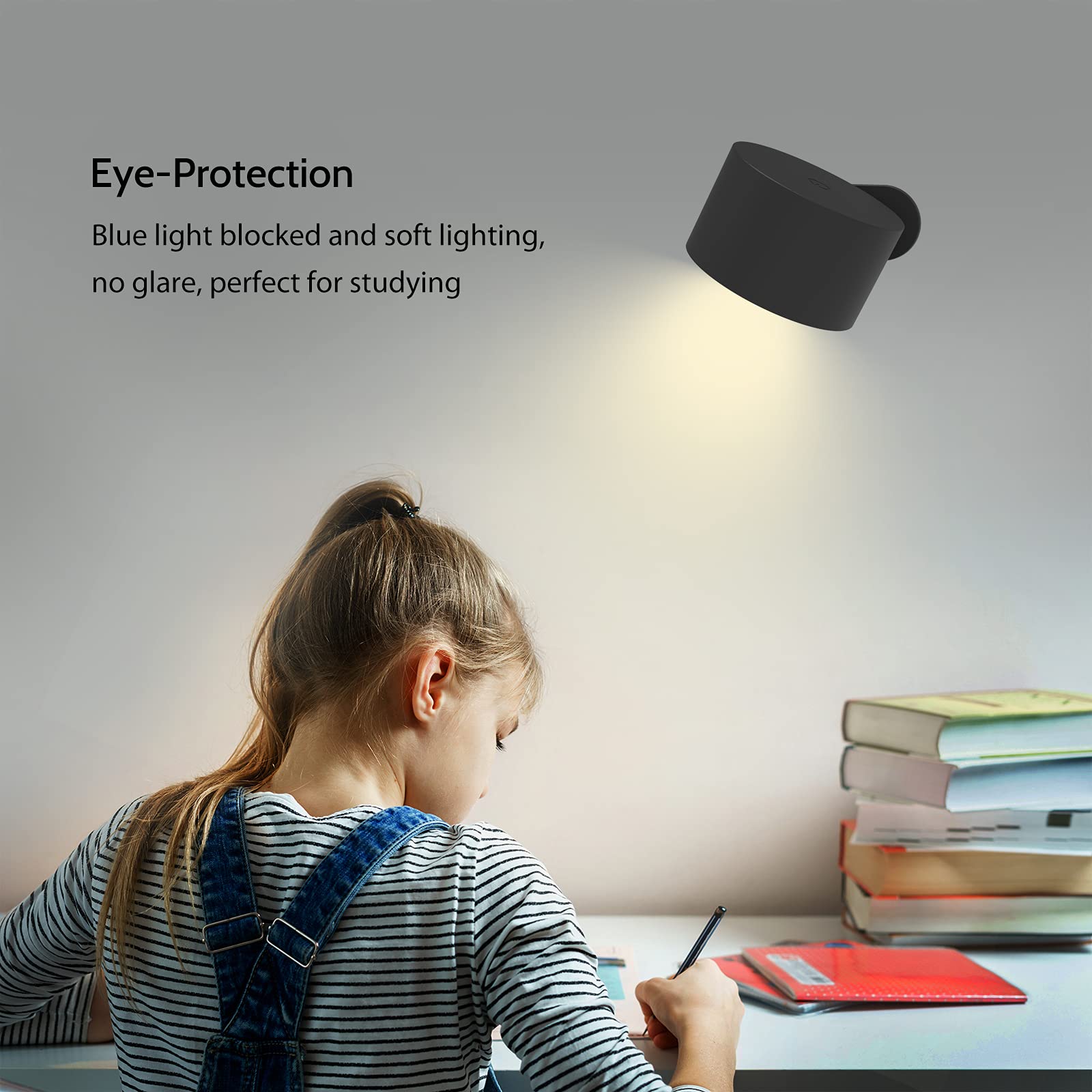 Koopala LED Wall Mounted Reading Light, 3 Color Temperatures, 3 Brightness Levels, 2.95" x 1.77", Black-A, Rechargeable with Touch Control
