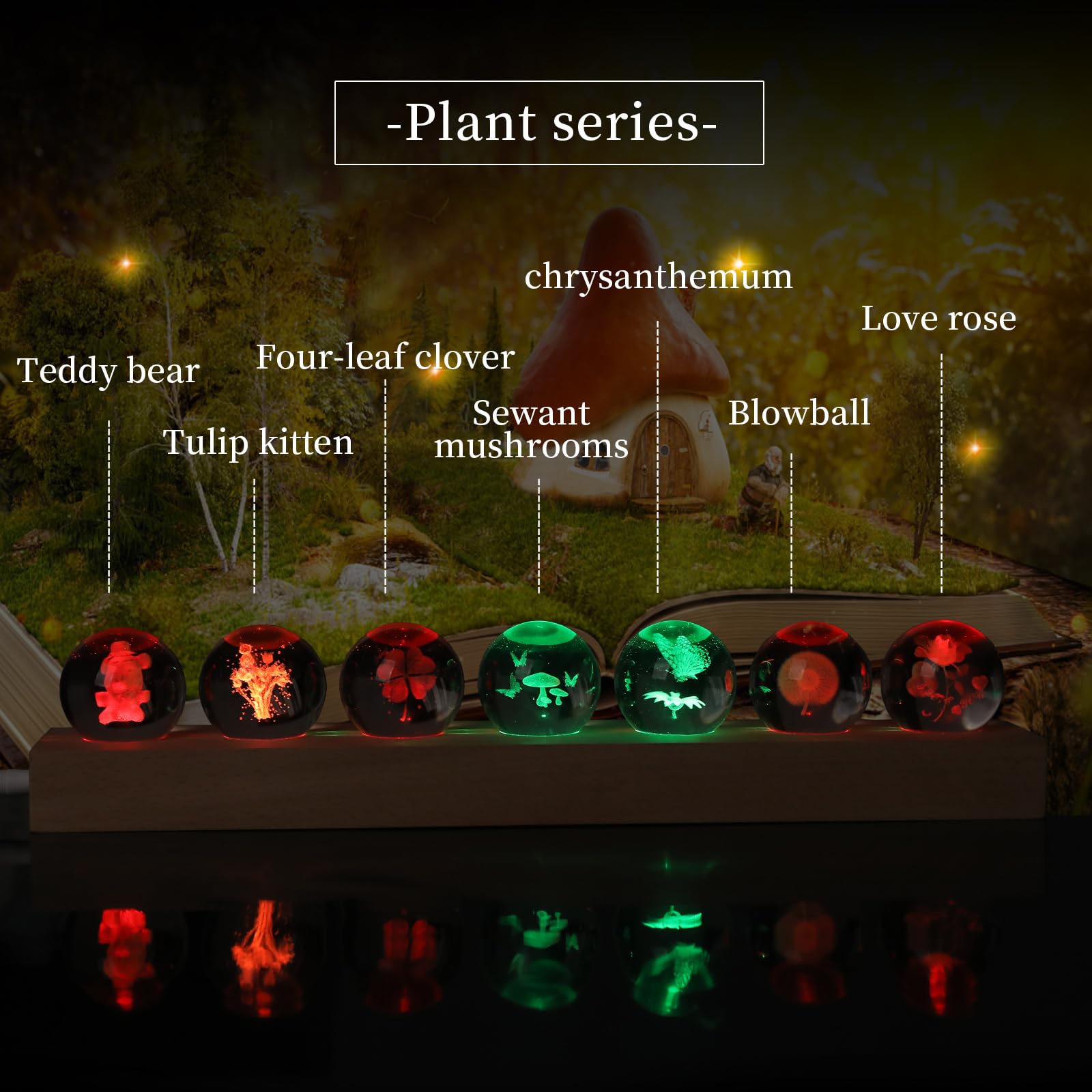 Dokscdlo 7 Pcs Flower Plant Crystal Ball Night Light Healing Spheres With Led Wooden Base, 3D Rose Chrysanthemum Mushroom Crysta