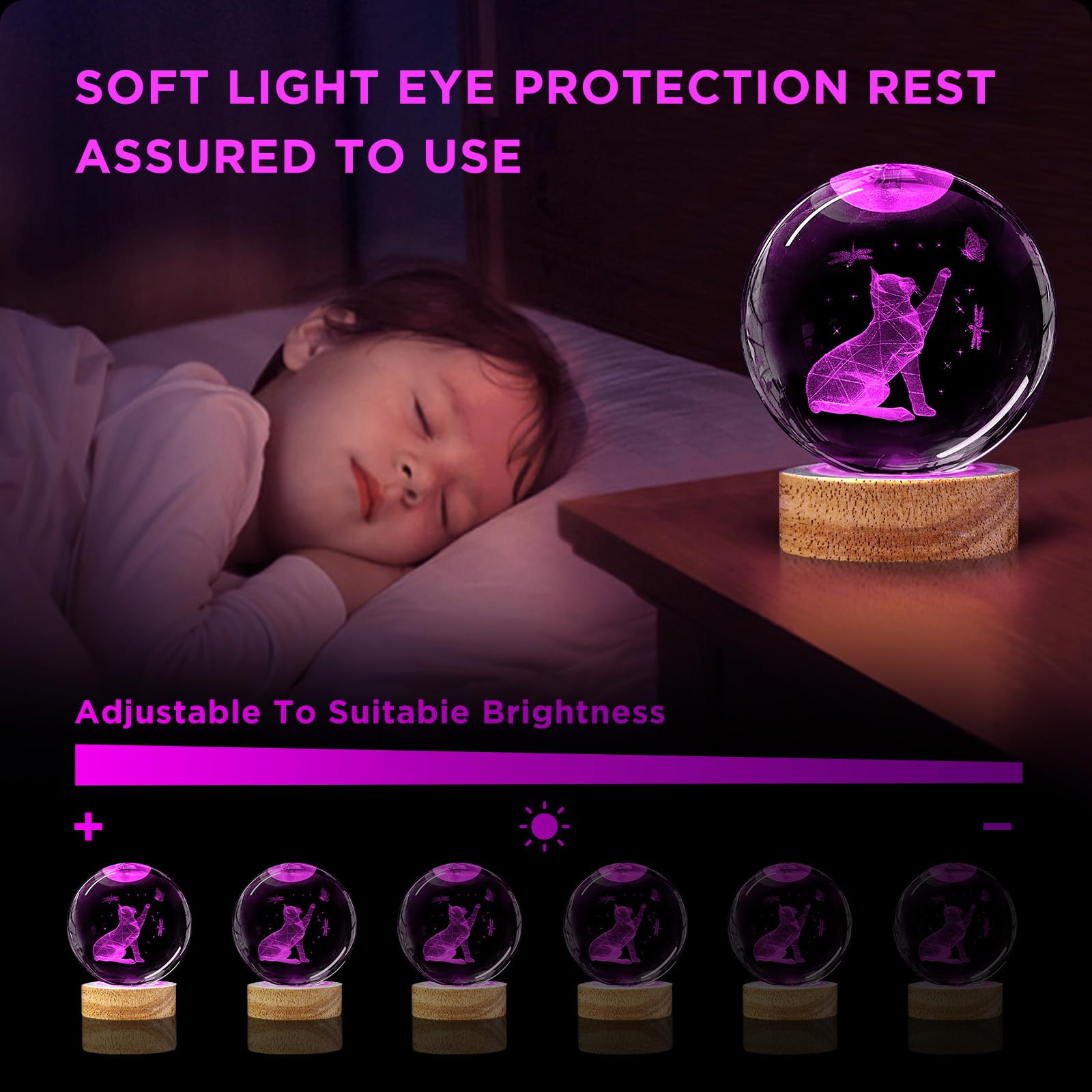 3D Cat Crystal Ball Night Light 3.15In Cat Figurines Glass Ball Lamp With 16 Color And Remote Birthday Christmas Gifts For Women