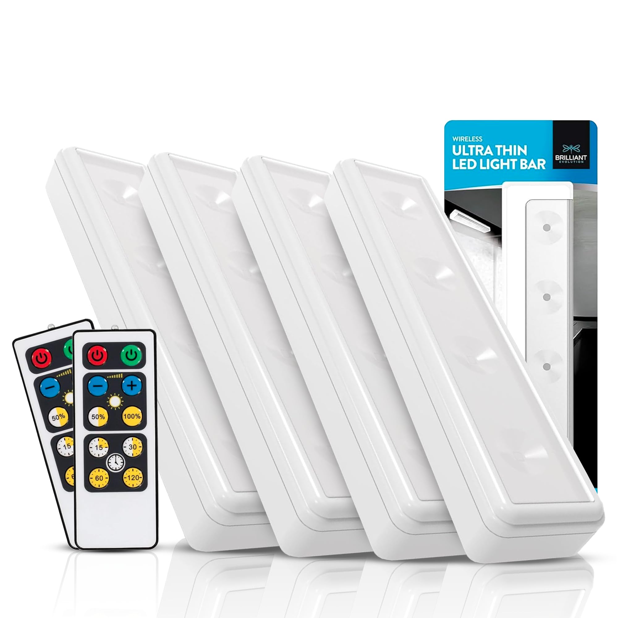 Brilliant Evolution Wireless Led Under Counter Lights, 4-Pack, 3000K Warm White, Battery Operated, Model Brrc120Ir4, Stick On Fixtures