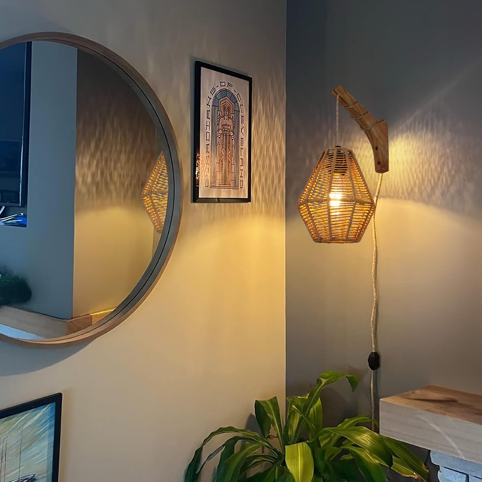 YIIZON Rattan Wall Sconce - Plug-in Lighting with Cord Switch, Diamond Shaped, Hemp Rope Cage, Bulb Included, Model BDXZZD-1PC