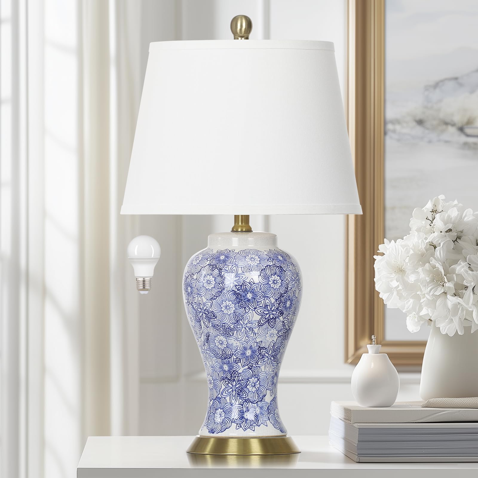 Cinkeda 25'' Blue and White Chinoiserie Ceramic Table Lamp - Elegant Ginger Jar Design for Transitional Style Living Rooms, Bedr