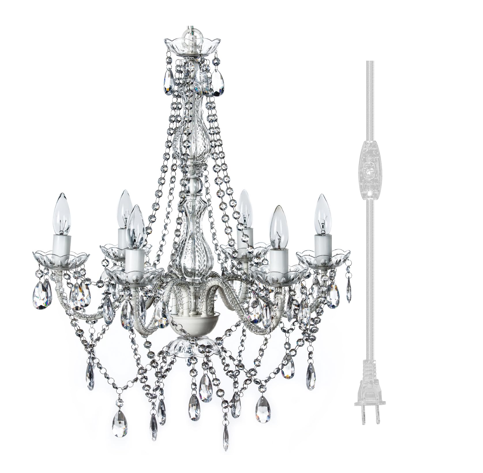 Brink House Outdoor 6 Light Plug-In Crystal White Chandelier H26   Xw22   , White Metal Frame, Clear Acrylic Crystals, And Low V