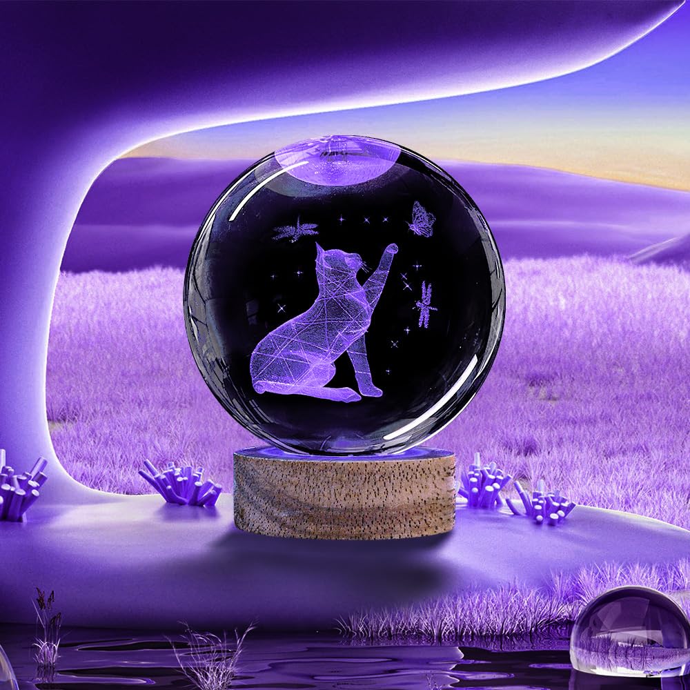 3D Cat Crystal Ball Night Light 3.15In Cat Figurines Glass Ball Lamp With 16 Color And Remote Birthday Christmas Gifts For Women