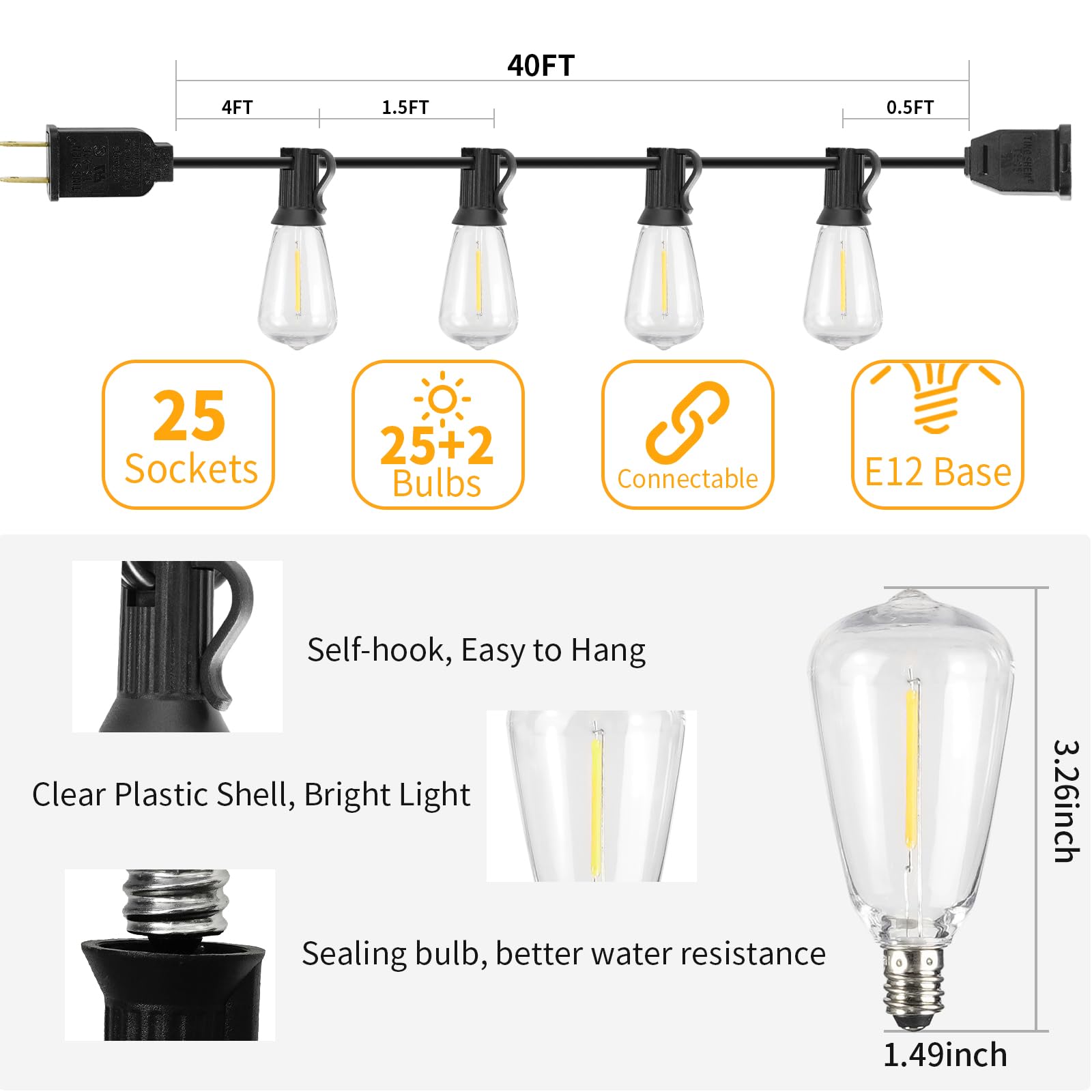 ShineU LED Outdoor String Lights, Waterproof G40 Globe with 27 Shatterproof Bulbs, Connectable for Patio, Bistro, Five Colors
