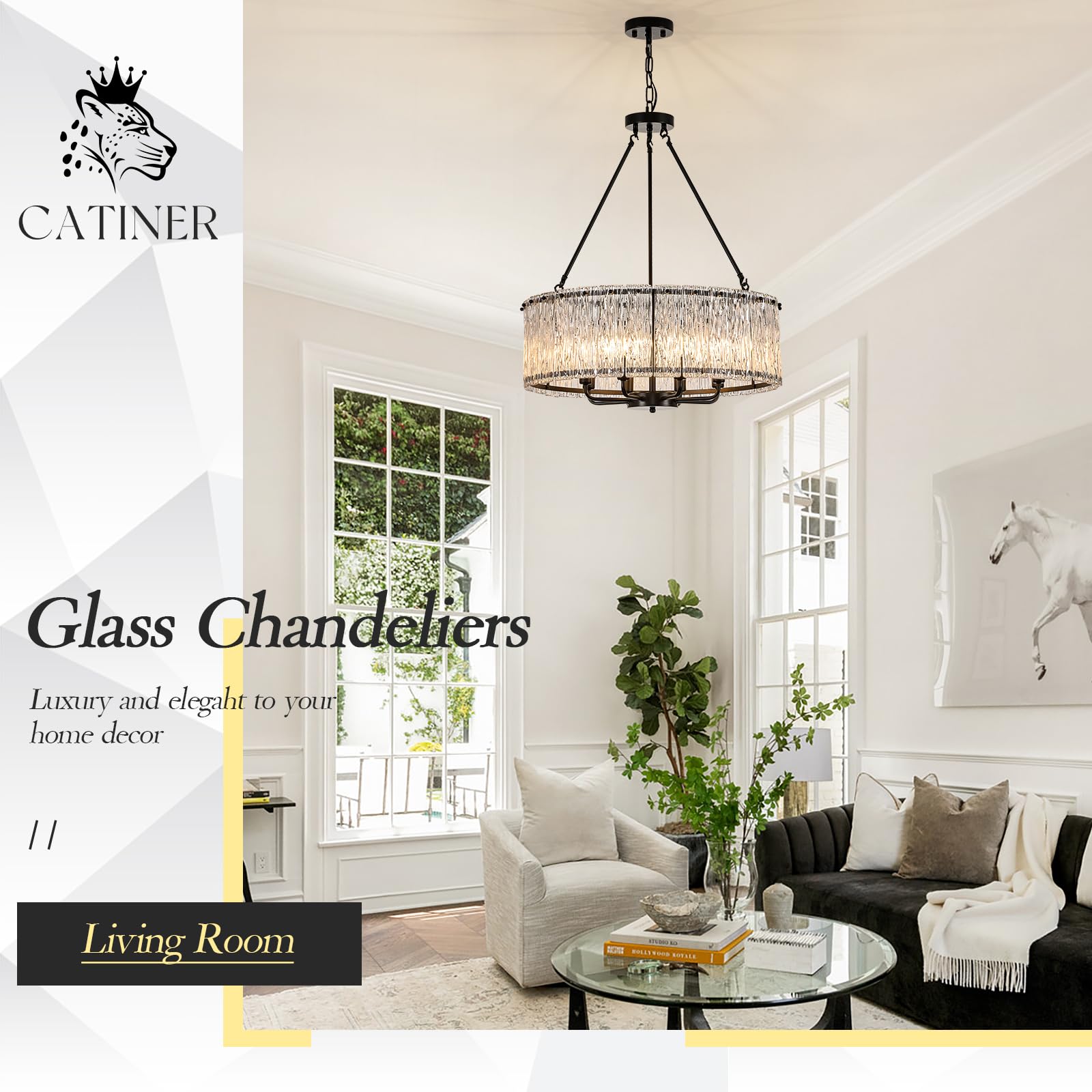 CATINER Modern Drum Chandelier 8-Light Pendant Lighting Fixture, 24.4” Black Glass for Dining Room, Foyer, Living Room, Bedroom