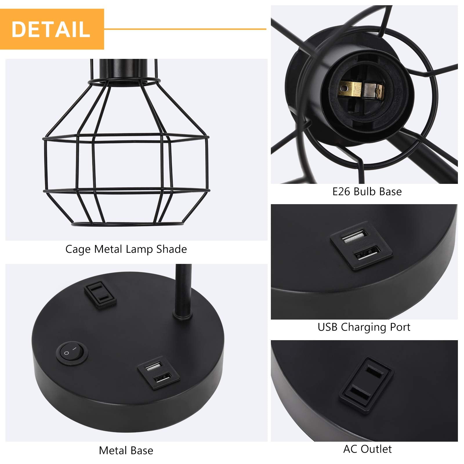 Haitral Usb Modern Table Lamp With Outlet, Industrial Farmhouse Bedside Desk Lamp For Bedroom, Office, Living Room, Black (Witho