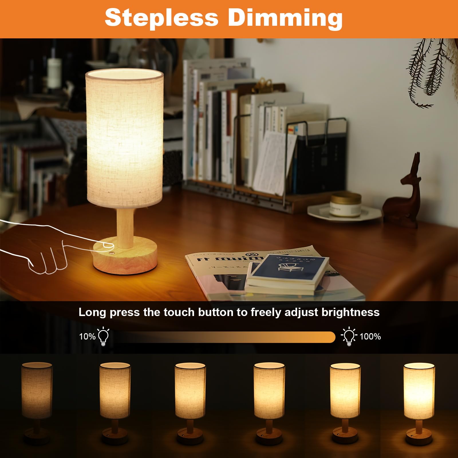 Small Cordless Touch Table Lamps Set Of 2 With Stepless Dimming, Natural Wood Base & Linen Fabric Shade,Wireless Battery-Powered
