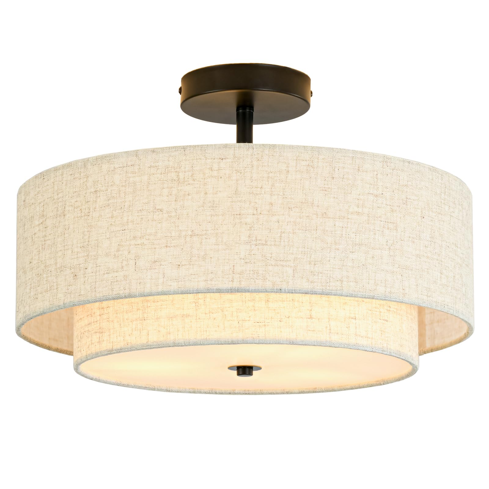 Outiron 16 Semi Flush Mount Ceiling Light  3-Light Drum Ceiling Light Fixture with 2-Tier Fabric Linen Shade  Farmhouse Chandelier for Dining Room  Living Room  Bedroom  Kitchen  Hallway  Entryway