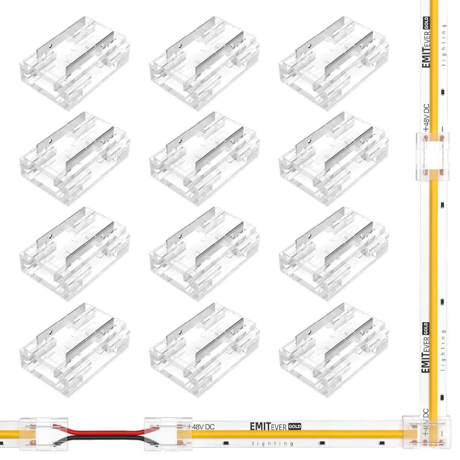 EMITEVER 8-in-1 LED Strip Connectors 12pcs, 2 Pin 10mm COB Tape Lights Terminal Connectors 8 Types Solderless Transparent Connec