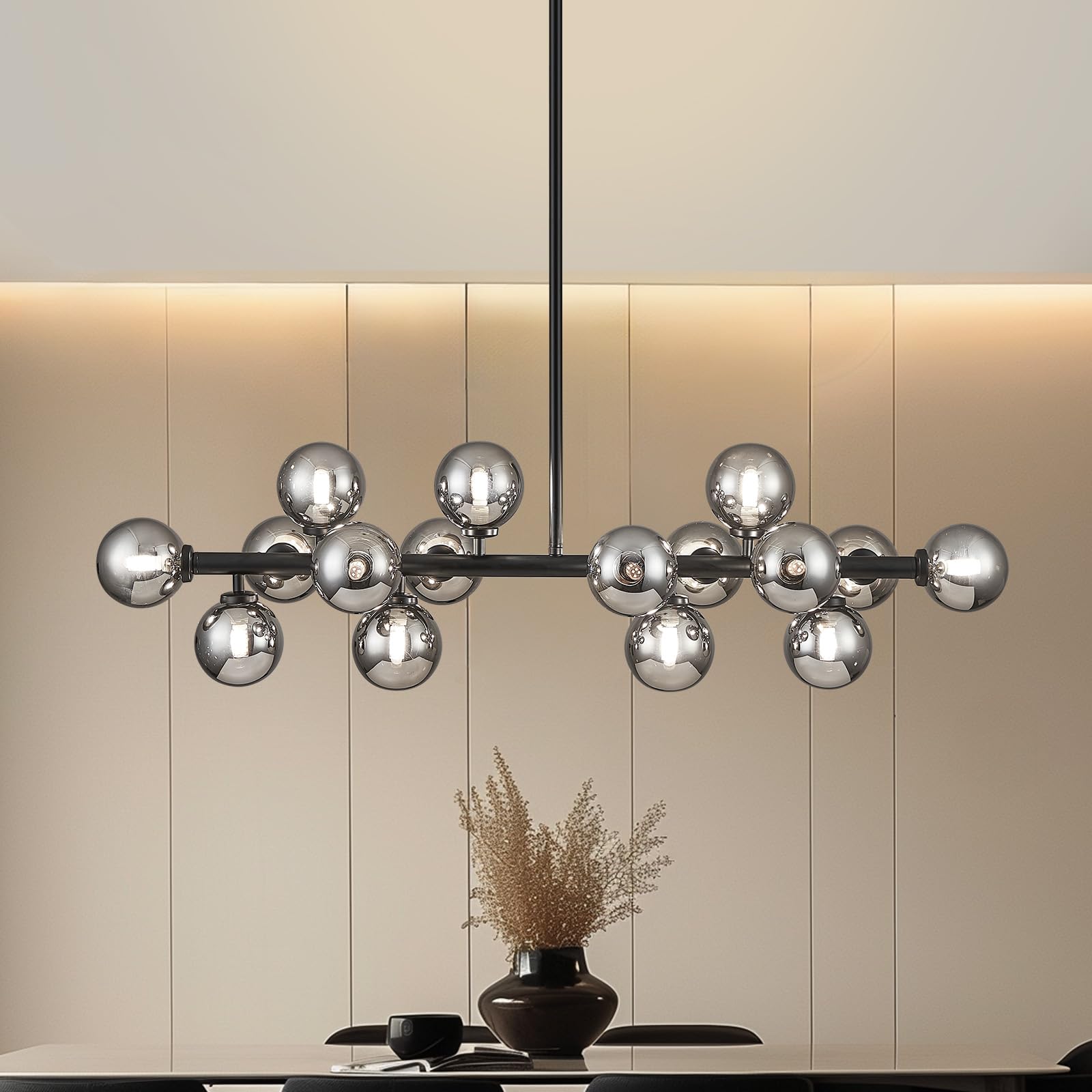 PiWWPi Glass Globe Sputnik Chandelier, 16-Light Mid Century Modern Light Fixture Over Table, Linear Chandeliers for Dining Room,