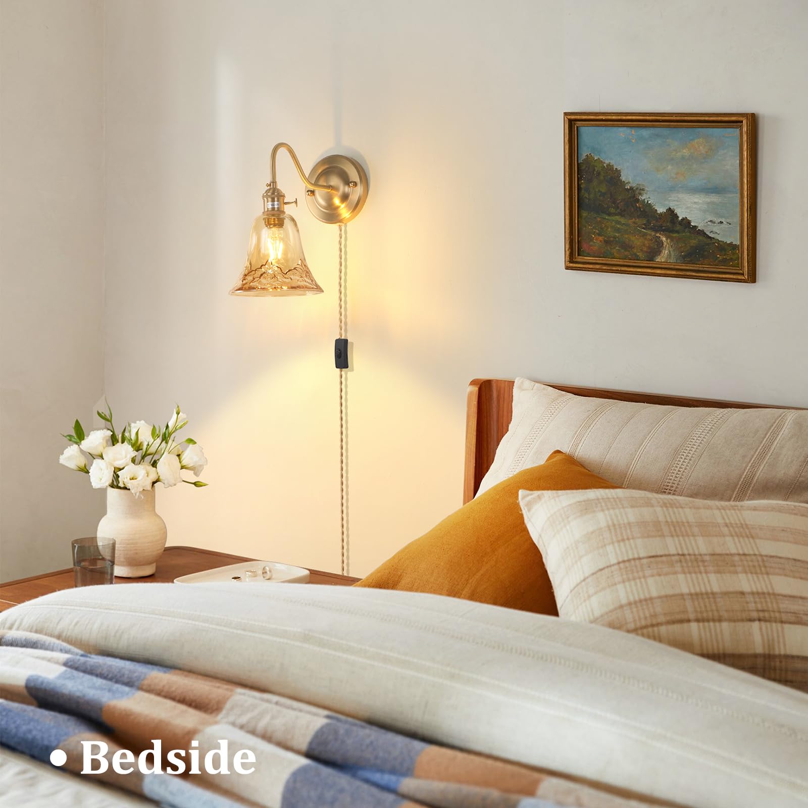 Shenmoyl Wall Sconce Set of 2, Brass Plug-in Lights, Amber Morning Glory Glass Shade, Model 1-93726-wlamp