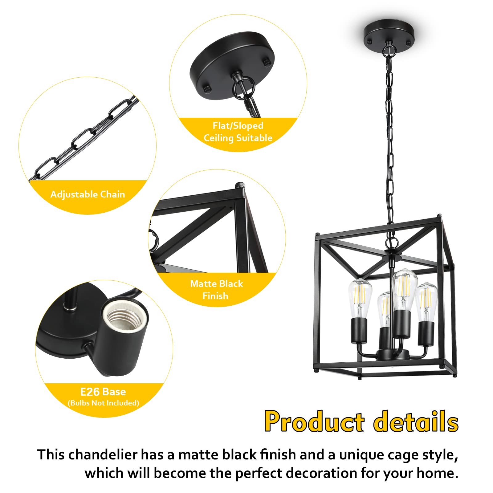 Unicozin 4-Light Black Iron Lantern Chandelier, Adjustable Height, E26 Base, Rustic Cage Design for Kitchen Island & Dining Room
