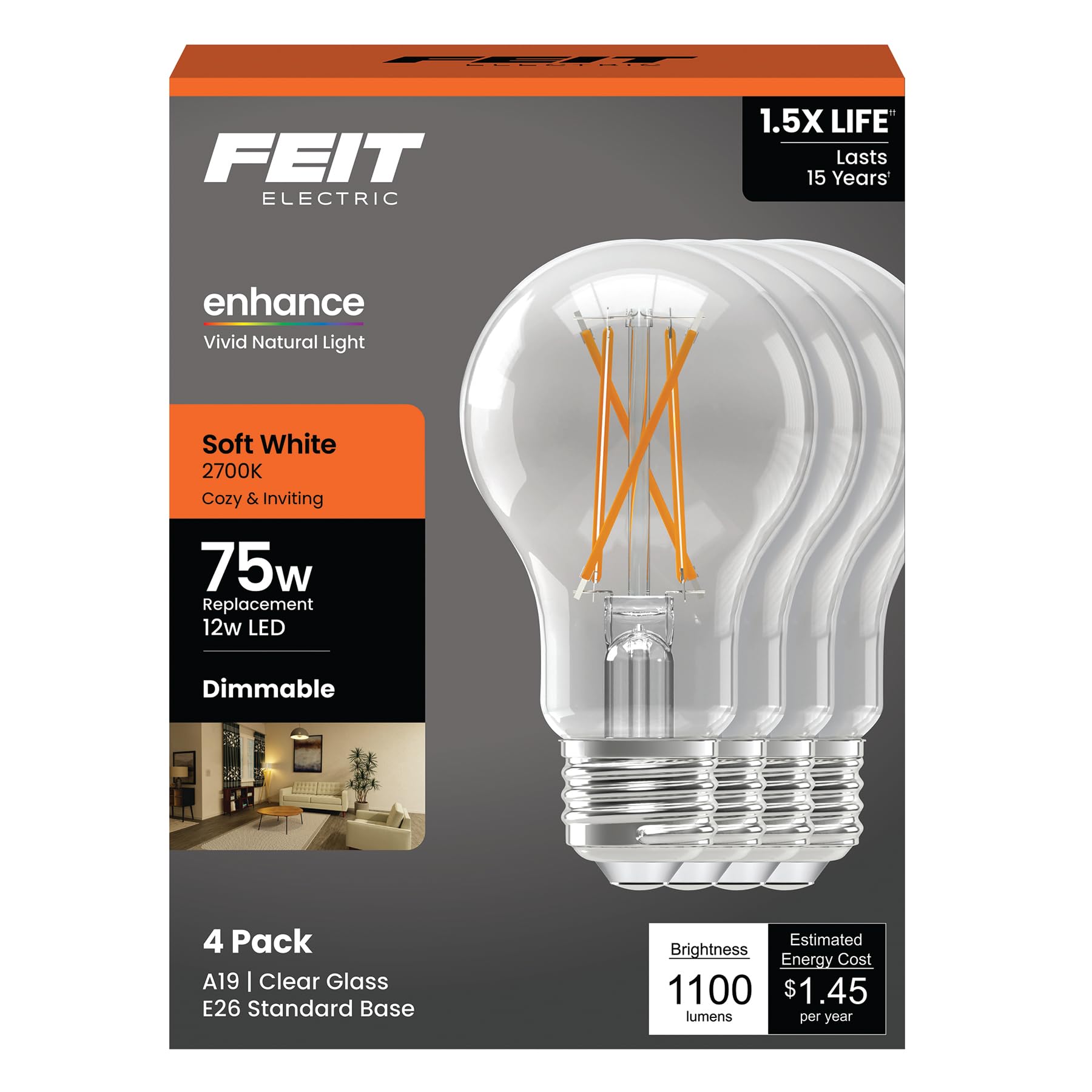 Feit Electric A19 Led Light Bulb, 75W Equivalent, 1100 Lumens, 2700K Soft White, Dimmable, Clear Glass, E26 Base, General Purpos