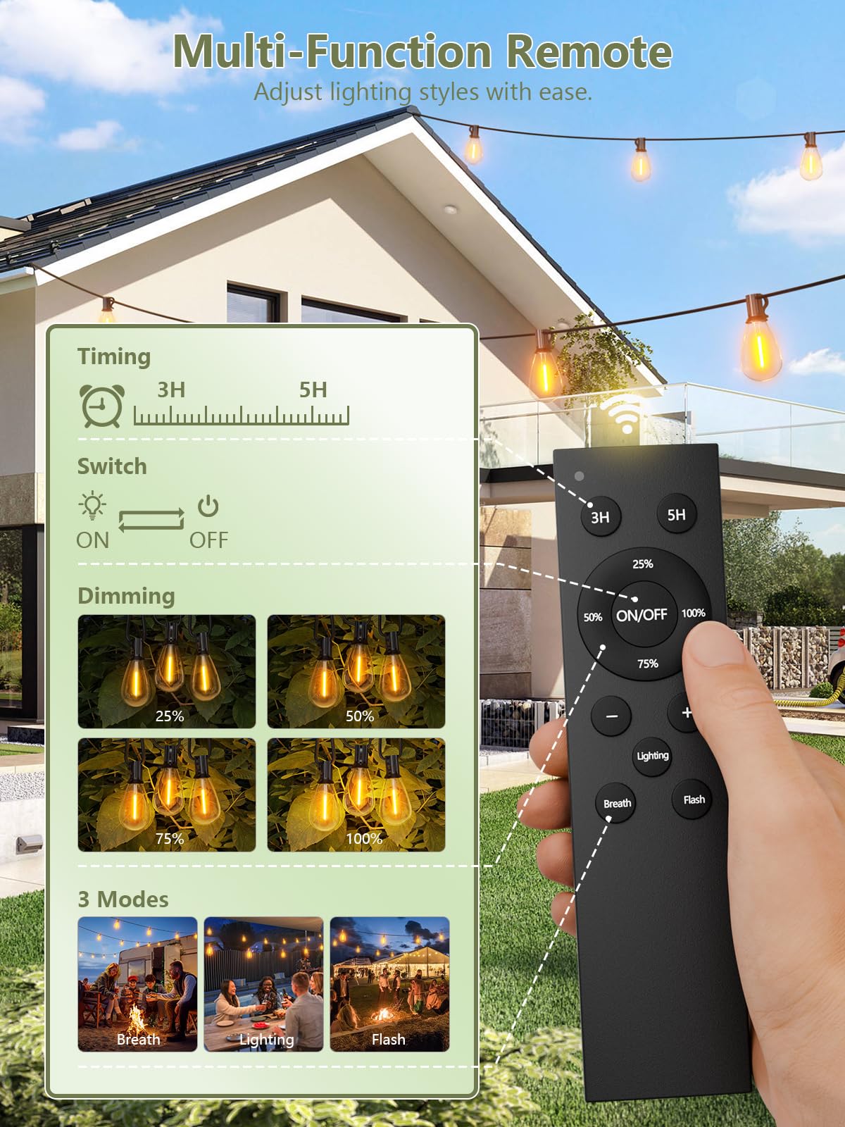 luckystyle Solar String Lights 100FT Waterproof 2200K with Remote, 36+2 LED Bulbs, Dimmable, 3 Light Modes, Shatterproof, Warm Yellow