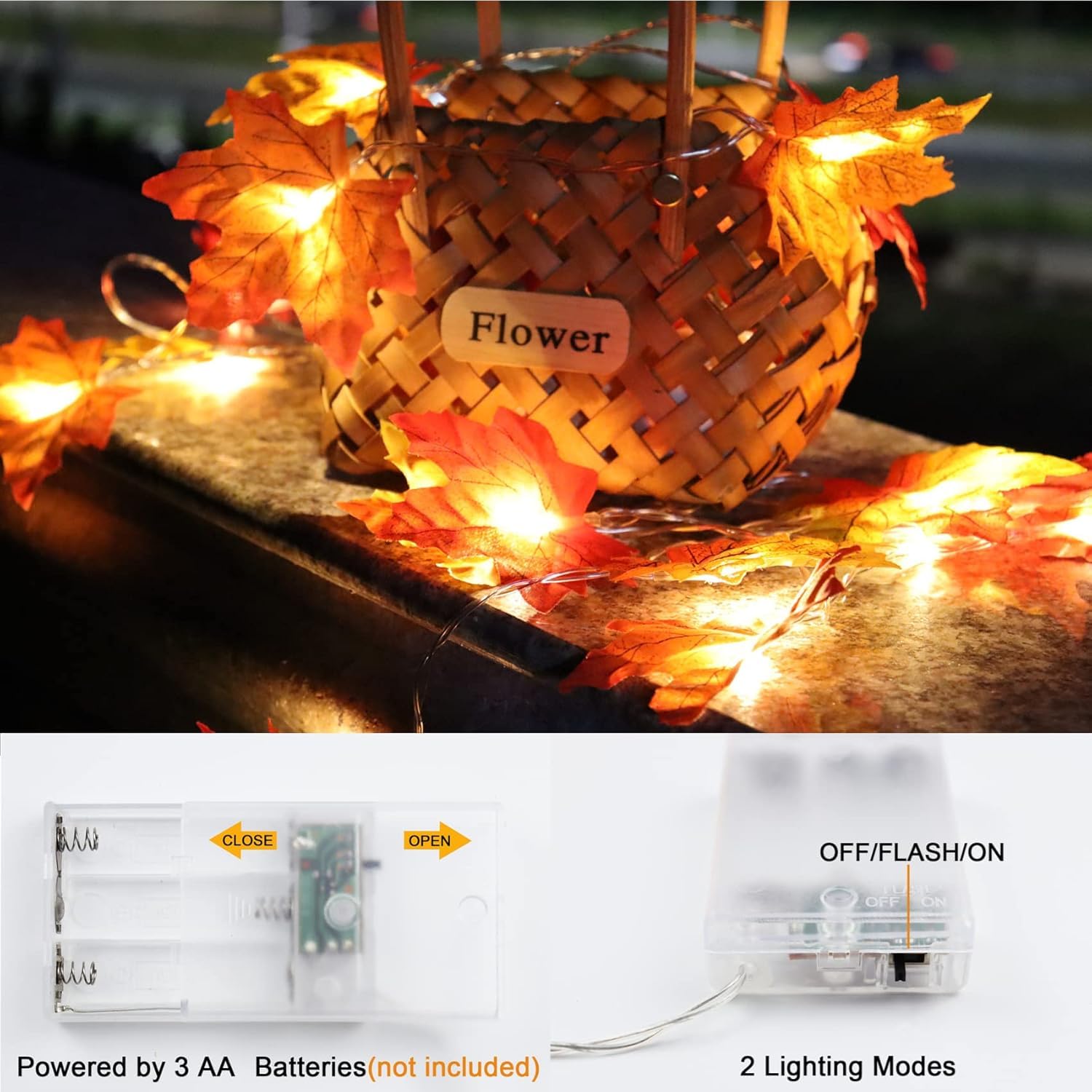 Runleo 2 Pack Maple Leaf Lights - 20Ft 40LED Battery Operated Fall Decor, Orange Copper for Indoor/Outdoor Autumn Harvest