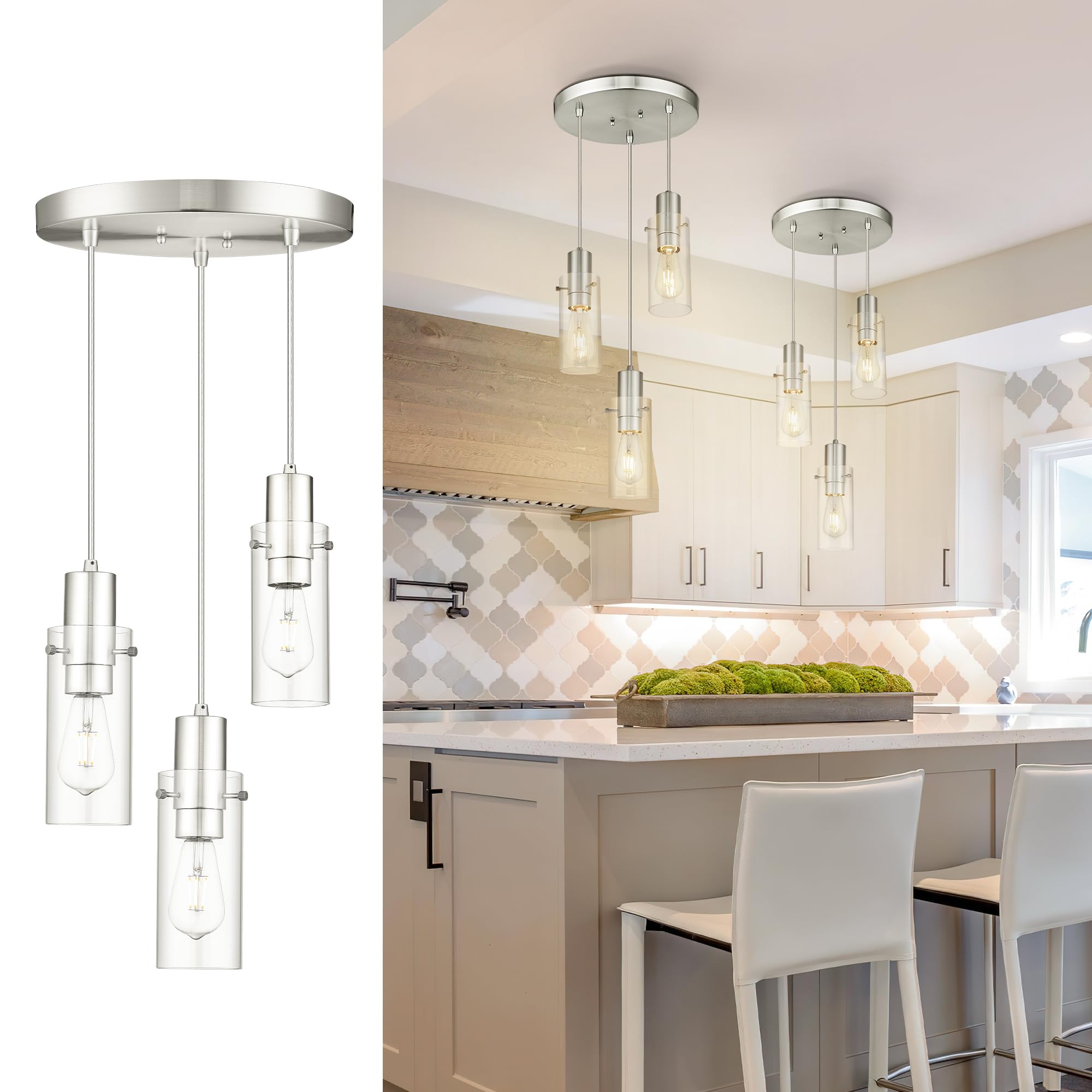 Emak Modern Brushed Nickel Pendant Light, Cluster Pendant Lights Kitchen Island with Clear Glass Shade, 3-Light Hanging Lights f