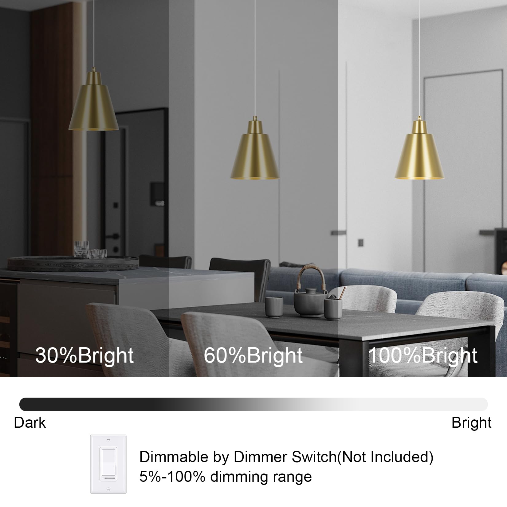 Brass Industrial Vintage Pendant Lights - Kitchen Island, Dining Table, Bedroom Bar - Black Metal Shade, 3 Pack