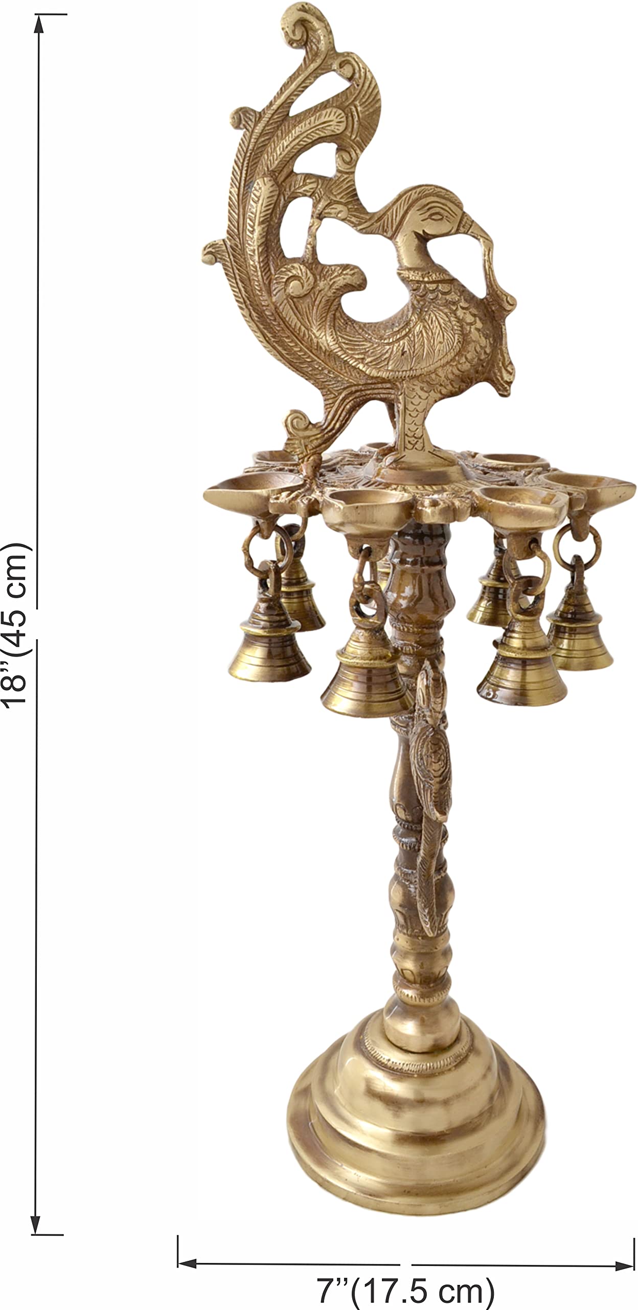 Two Moustaches Brass Peacock Deepak Stand with Bells, Handcrafted Standard Heavy Brass Peacock Stand Diya, Brown; 7 X 7 X 18 Inc