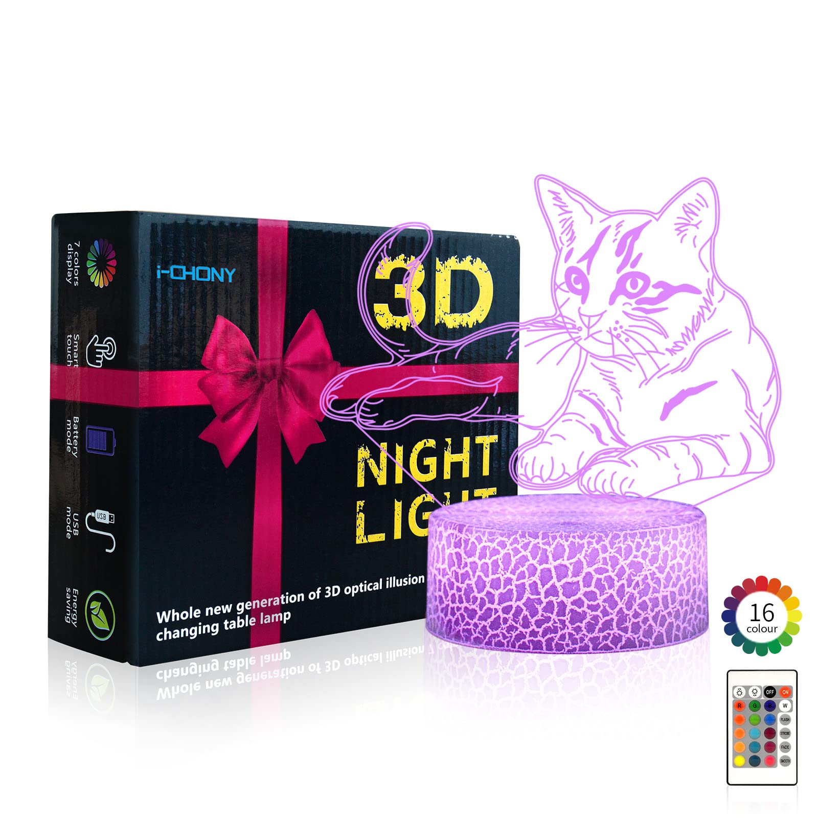 i-CHONY 3D Cat Illusion Lamp - LED Night Light with Remote, 16 Colors, Plastic - Perfect Gift for Women, Teens, Kids, Birthday, Christmas