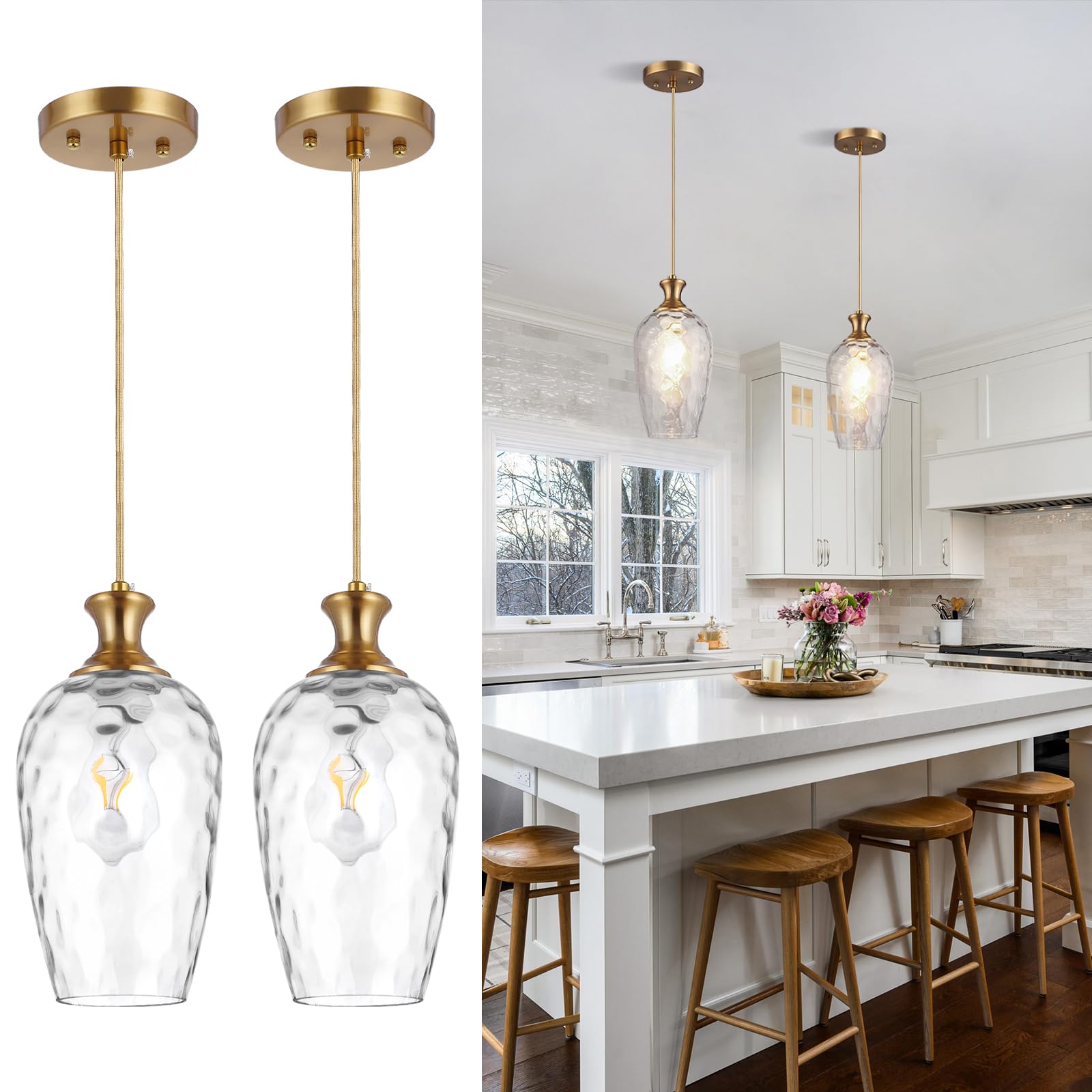 SADUENFR 2 Pack Glass Pendant Lights Kitchen Island Gold Vintage Pendant Light Hand-Blown Hammered Clear Glass Hanging Light Fix