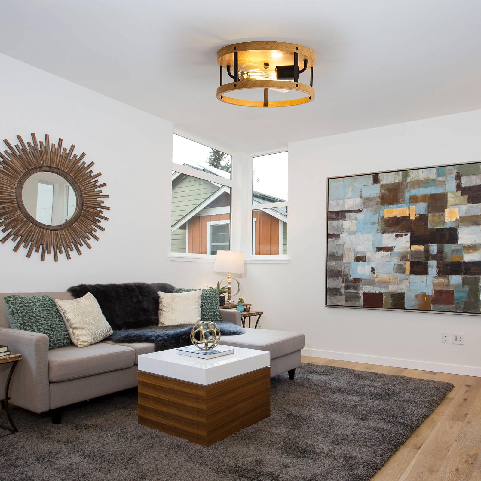 Eietonte Flush Mount Ceiling Light, 11in Rustic Black Metal & Wood, E26 Base, Model EIECL004-BL1P