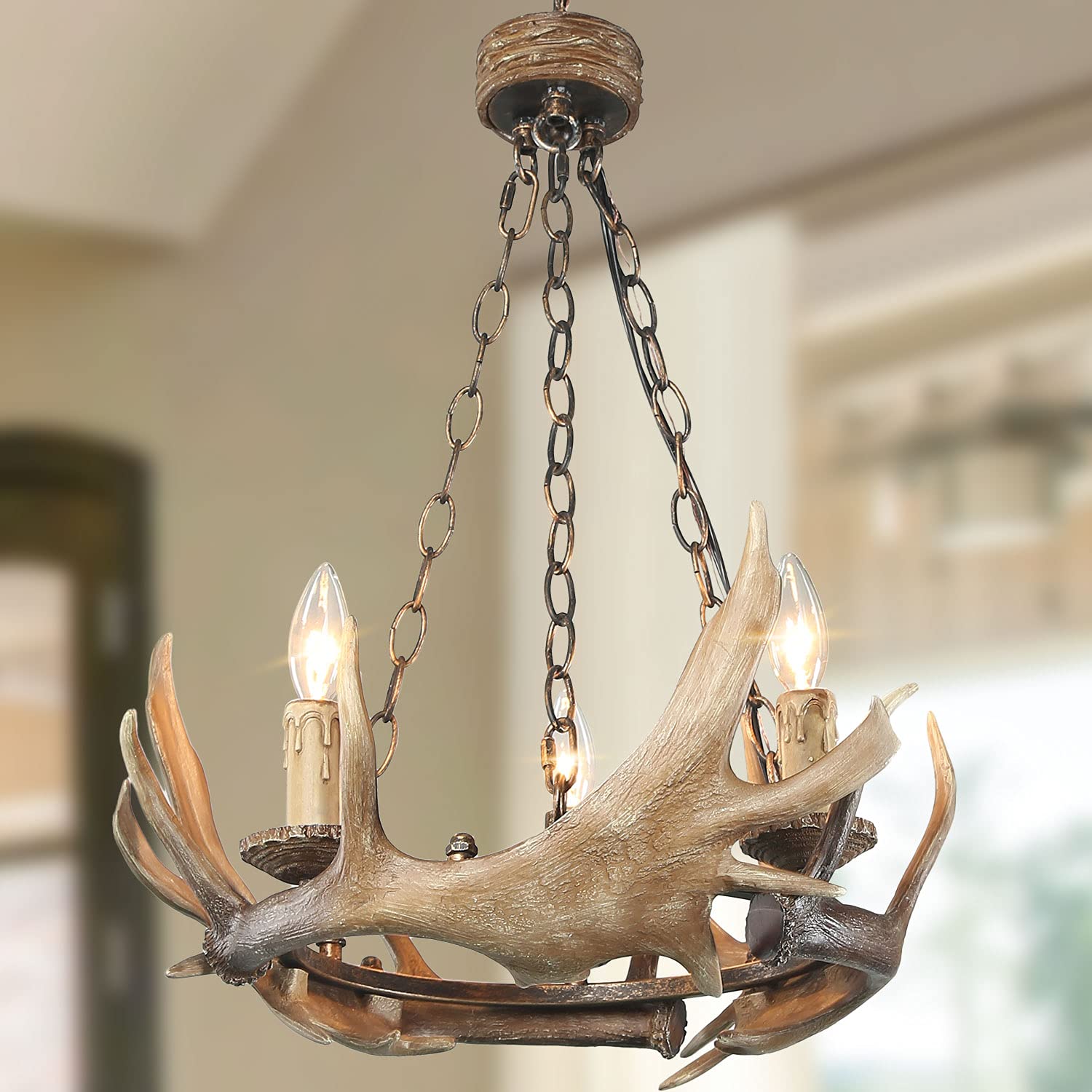LOG BARN Antler Chandelier, Farmhouse Chandelier for Dining Room, 3-Light, Hand-Polished Resin, 19.7 Dia